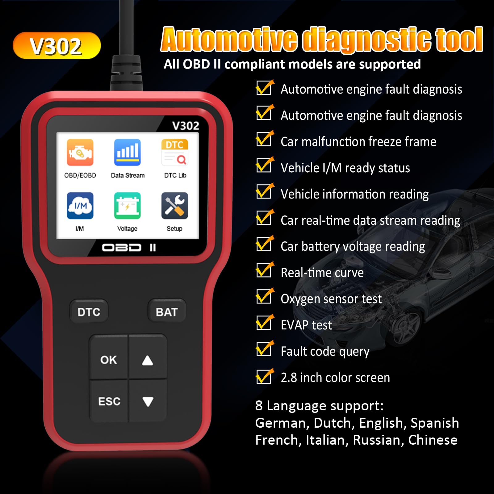 OBD2 Auto Diagnostica Diagnosi-auto Supporta più lingue, Diagnostico OBD2 per Multimarca - Lettore Errore Motore Auto con Funzioni-OBD2, Professionale Diagnostica Per tutti i Veicoli OBDII