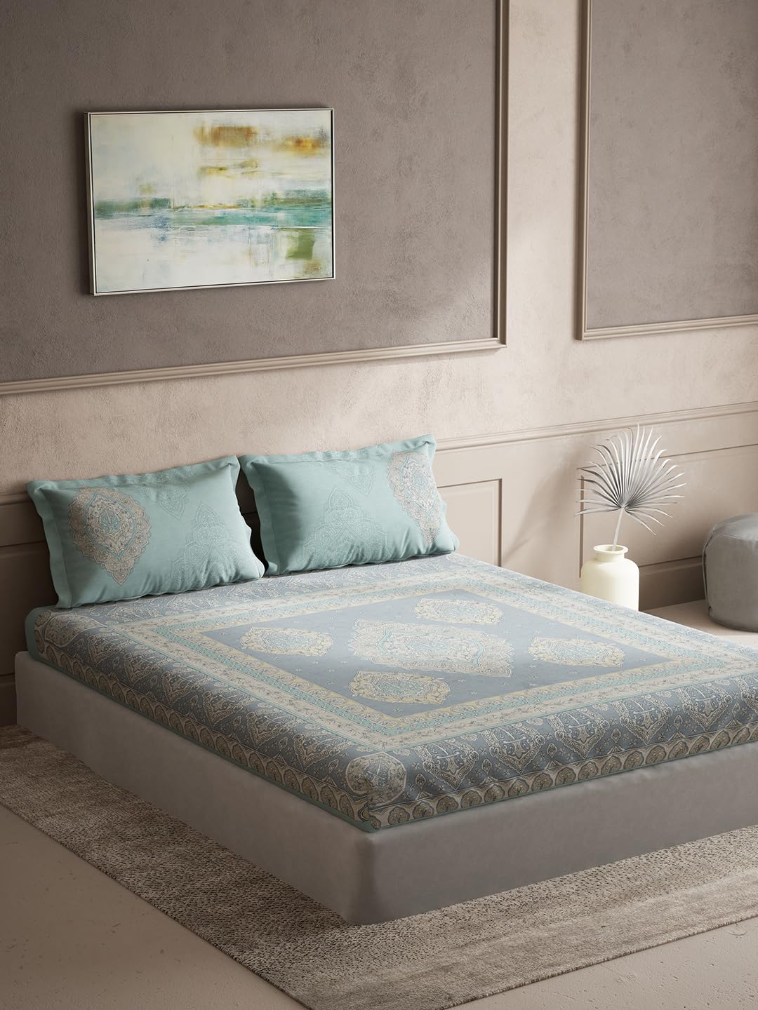 DDECOR Live Beautiful 100% Pure Combed Cotton 145TC Ethnic King Flat Bedsheet with 2 Pillow Covers | Soft & Comfortable | Everyday Bedroom Use | Souvenir Collection | 254 CM X 274 CM - Blue-picture-14