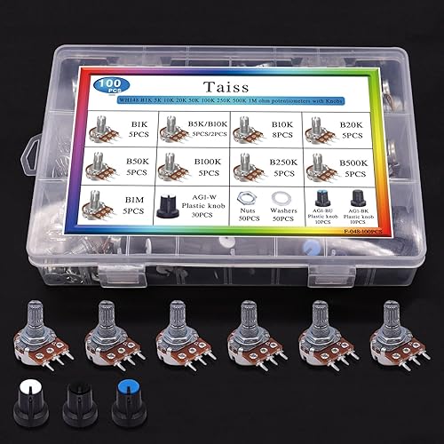 Miniatura 8 de Taiss Kit de potenciómetro de 100 piezas, WH148 B1K 5K 10K 20K 50K 100K 250K 500K 1M ohmios, surtido de potenciómetros, potenciómetro lineal único 3