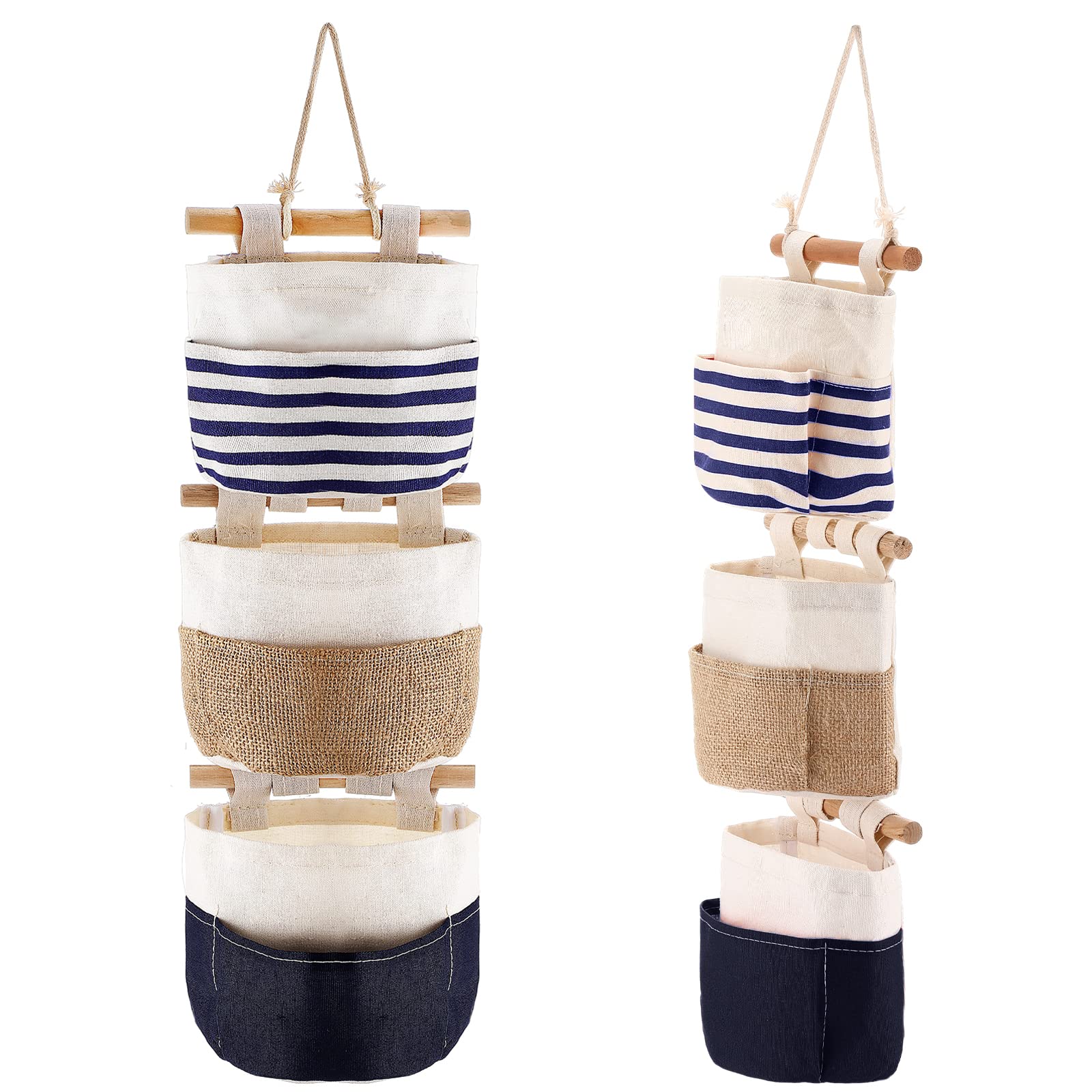 Woanger Hanging Storage Bag Linen Cotton Fabric Hanging Pockets Organizer Small Wall Mounted Hanging Organizer with 3 Pockets for Exchange Gifts DIY Portable Cabin Door Closet (Blue)