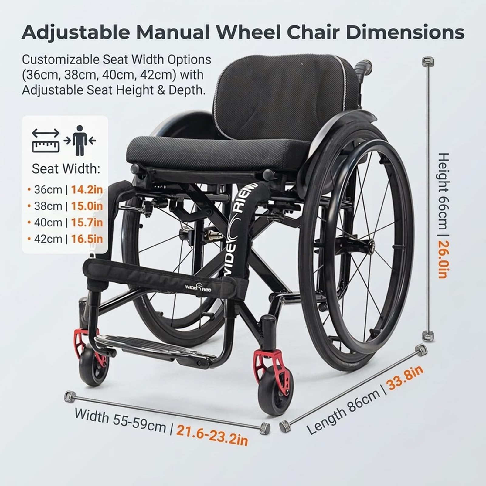 Sedia a Rotelle Sportiva Pieghevole Alluminio Autopropulsiva Manuale (Red,36cm)