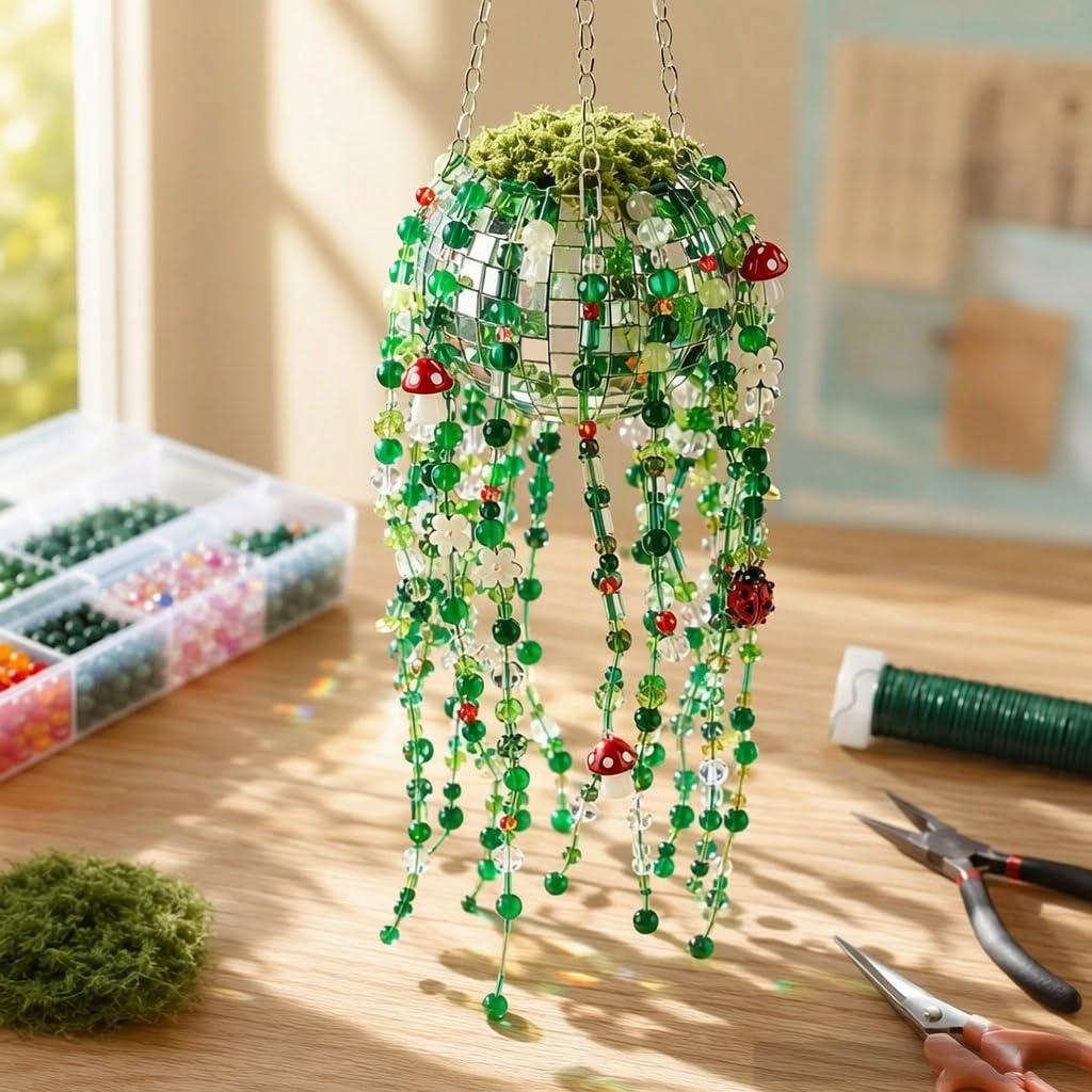 Kit de 5060 plantes vertes avec pot de fleurs disco miroir, kit d'artisanat pour plantes éternelles avec perles de verre, chaîne de suspension, fil floral, fil vert