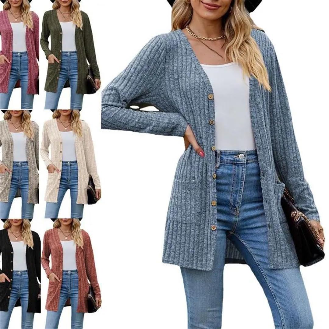 Chaqueta de punto de otoño para mujer, manga larga, a rayas, color sólido, botones para ropa de mujer de moda