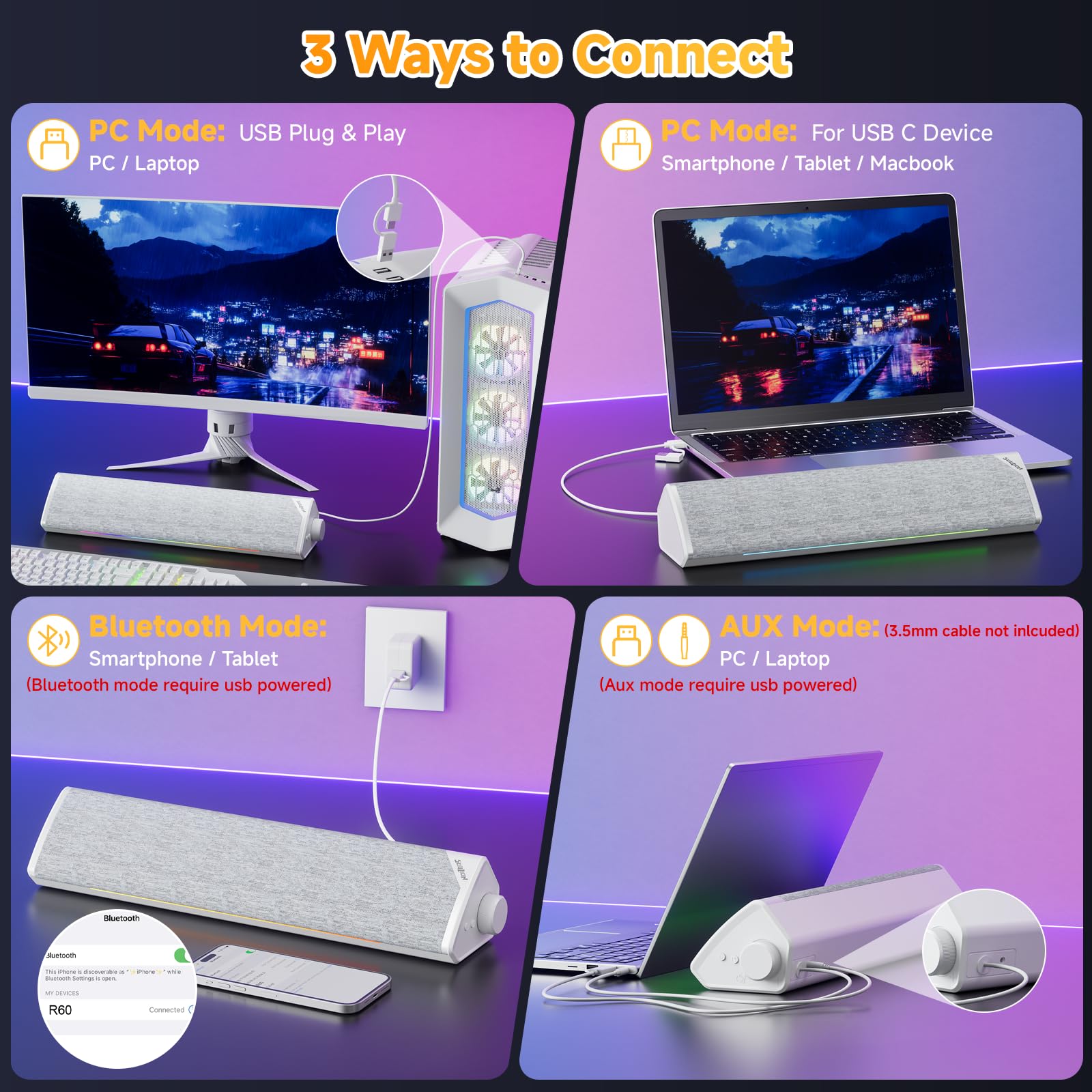 SOULION R60 Altavoz PC 12W Barra de Sonido USB Bluetooth para Gaming | Altavoces para Ordenador Portátil, Monitor, Bluetooth 5.3 , Luz LED, Alimentación por USB, con Conector de 3,5 mm Aux, Blanco