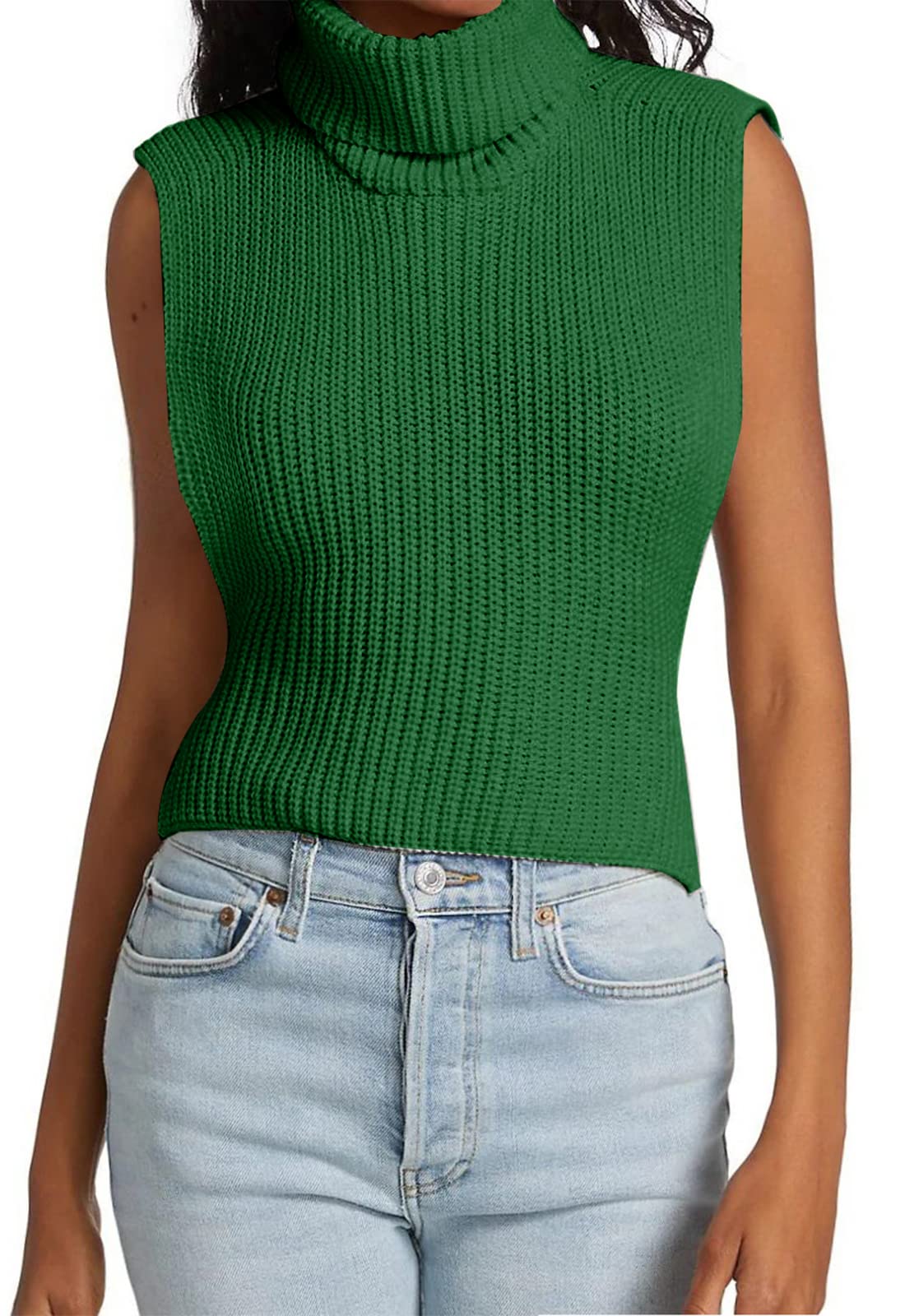 Womens Sleeveless Sweater Vest Turtleneck Ribbed Knit Tank Tops Basic Slim Fit Top