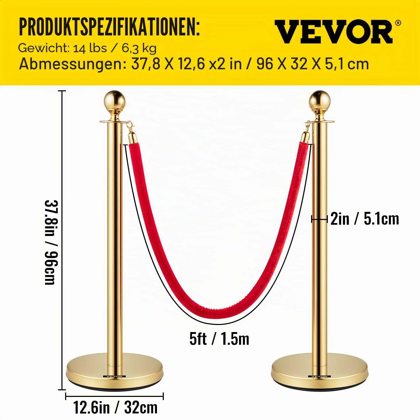 Mophorn Ausziehbarer Klebebandhalter, 4 Set, Sicherheitsbarrieren mit 3 Saiten, Seillänge: 1,5 m, goldfarben