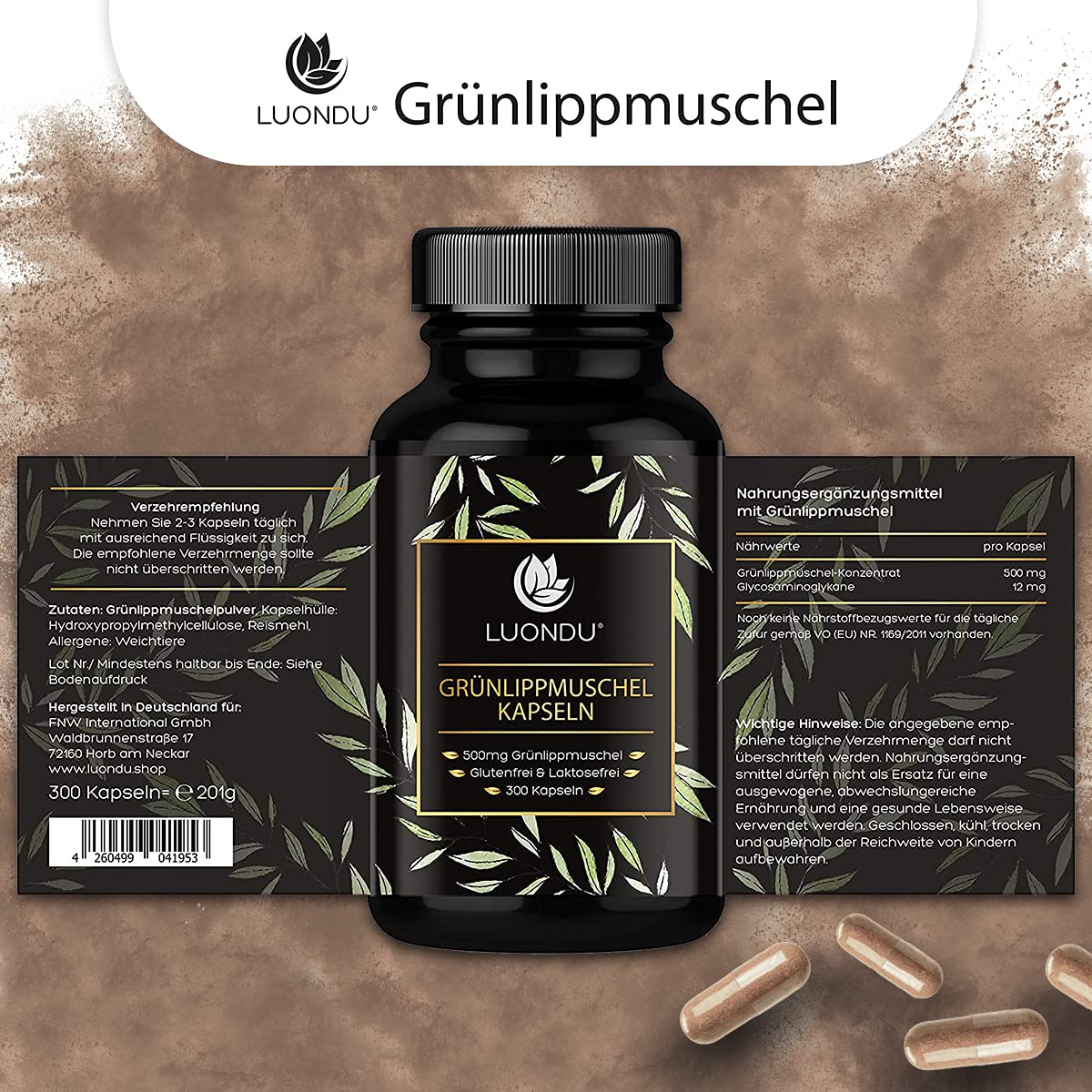 Grünlippmuschel Kapseln hochdosiert: 1500mg Grünlippmuschel Pulver aus Neuseeland pro Tagesdosis - 300 Kapseln I Ohne jegliche Zusatzstoffe + Glycosaminoglykane - Verpackung kann variieren