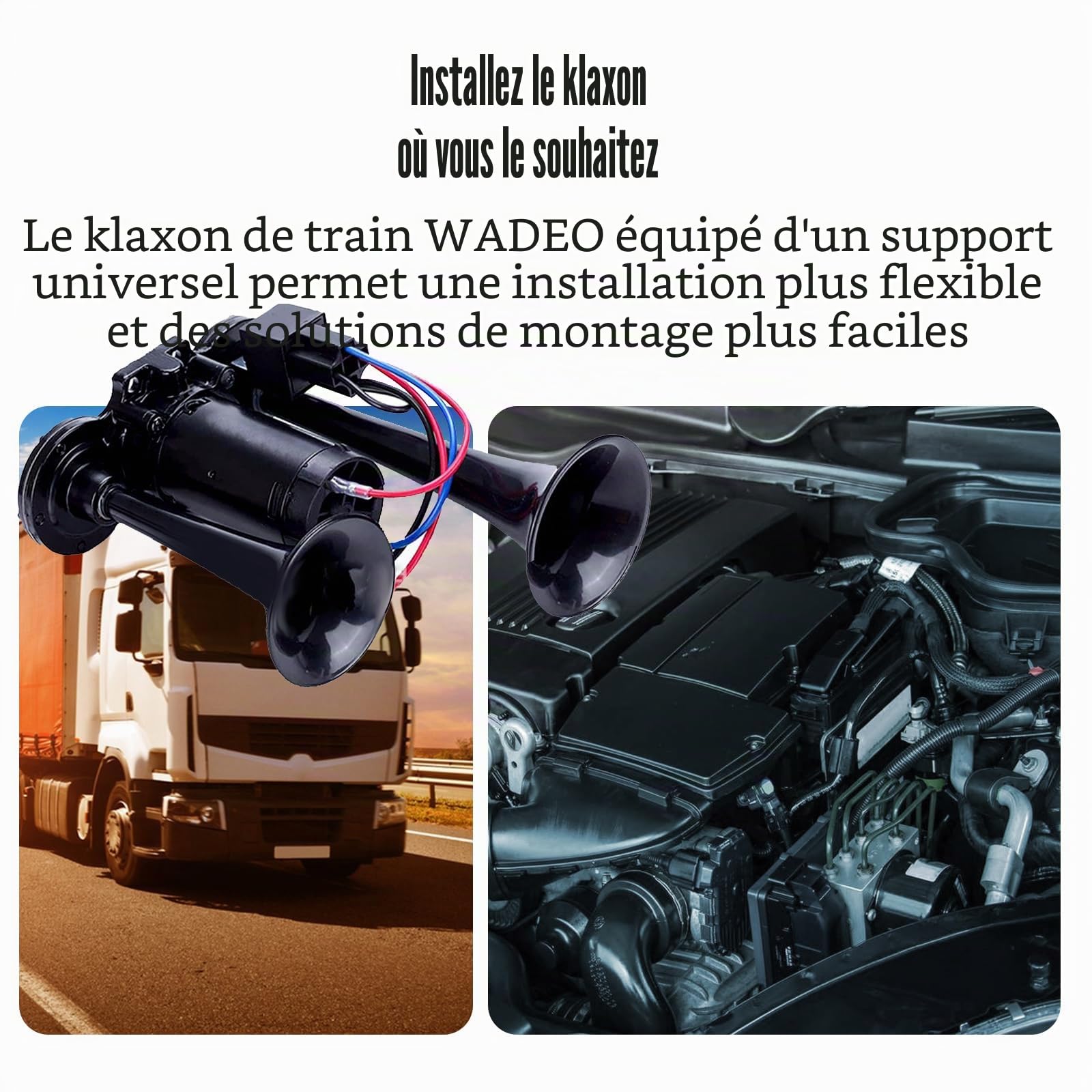 Klaxon à air pour camion 150 dB 12 V double trompette super puissant avec compresseur pour camions, trains, camions, voitures, bateaux (noir)