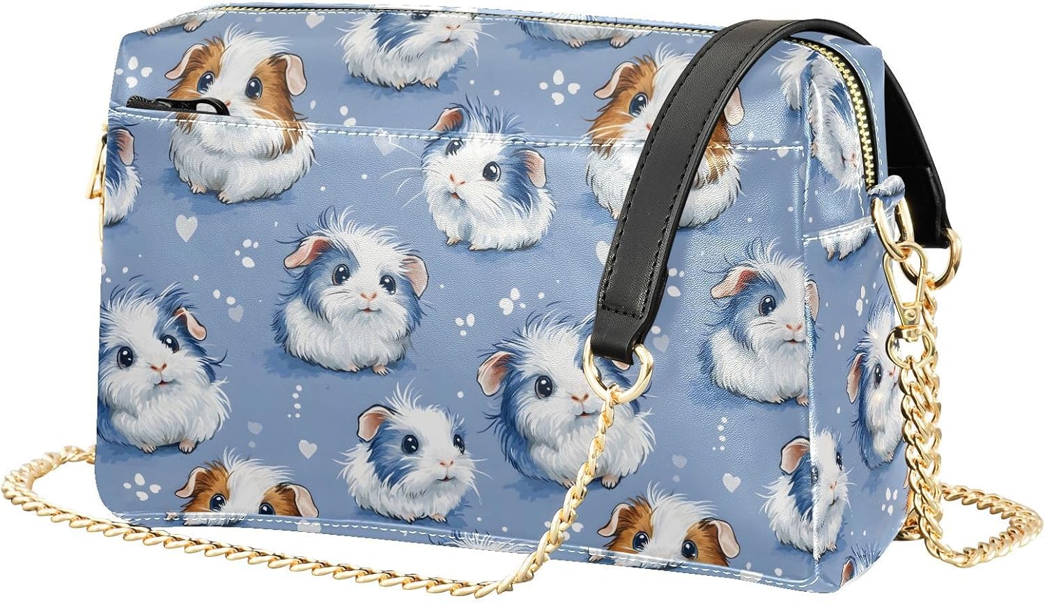 Women Crossbody Bag Shoulder Handbag Cellphone Purse PU Leather Metal Chain Strap Water Resistant Zipper Closure Blue Guinea Pigs Print