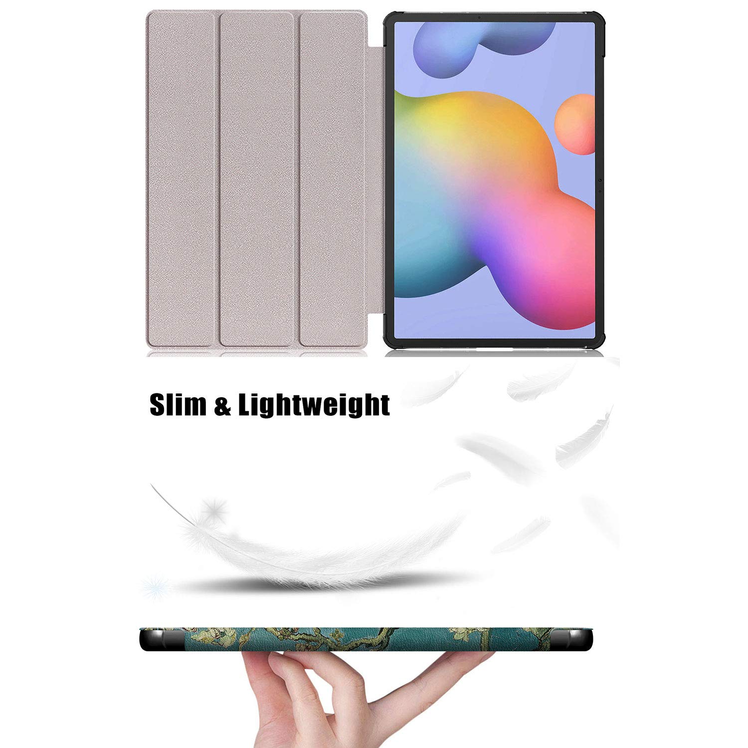 Etui do Samsung Galaxy Tab S8 Plus 12,5 cala 2022/S7 FE 2021/S7 Plus 2020 (SM-X800/X806/T730/T733/T736/T738/T970/T975/T976) lekkie potrójnie składane cienkie etui do automatycznego budzenia E/Sen, migdałowy Kwiat