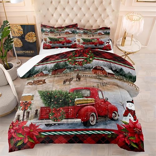 Miniatura 3 de Juego de edredón de Navidad a cuadros rojos, diseño de árbol de pino, nieve, muñeco de nieve rojo, juego de edredón de regalo de muñeco de nieve