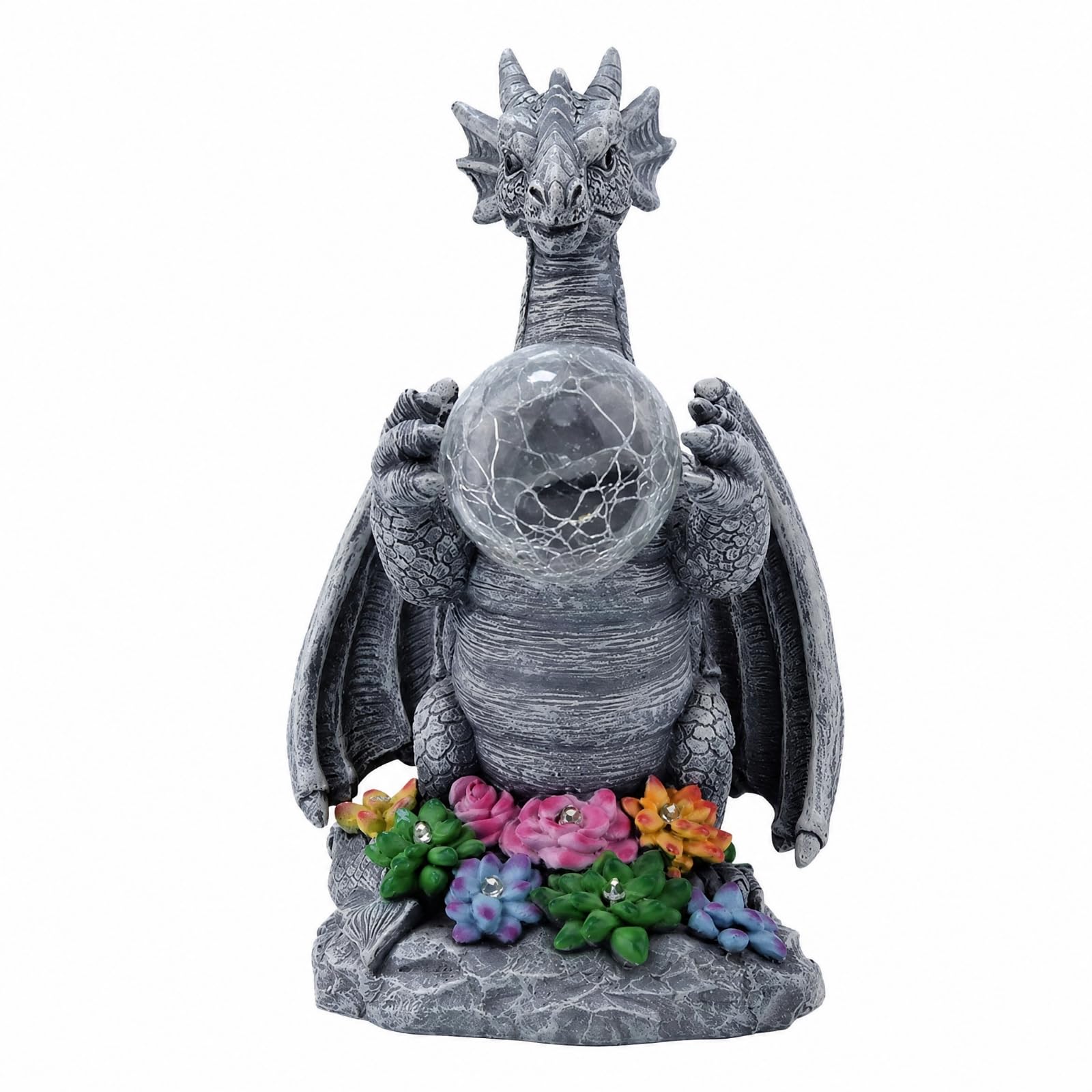 Ornamento con Drago Alato e Base Floreale Fantastico Statuetta di Drago con Decorazione da Giardino Fantasy per Cortile, Aiuola
