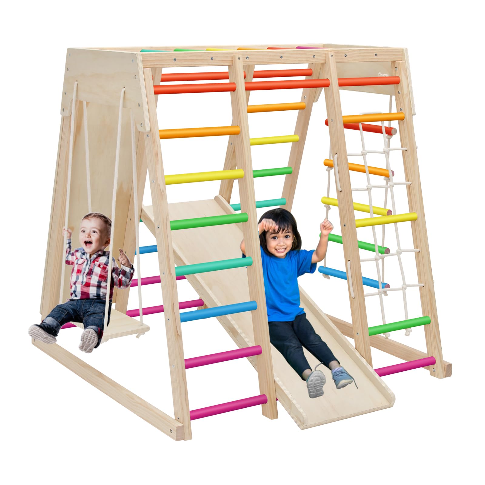 7 in 1 Pikler Indoor Playground Jungle Gym Playset, Wooden Montessori Climber with Slide, Rock Climb Wall, Monkey Bars, Rope Ladder, Climbing Rope and Swing for Kids（Rainbow）