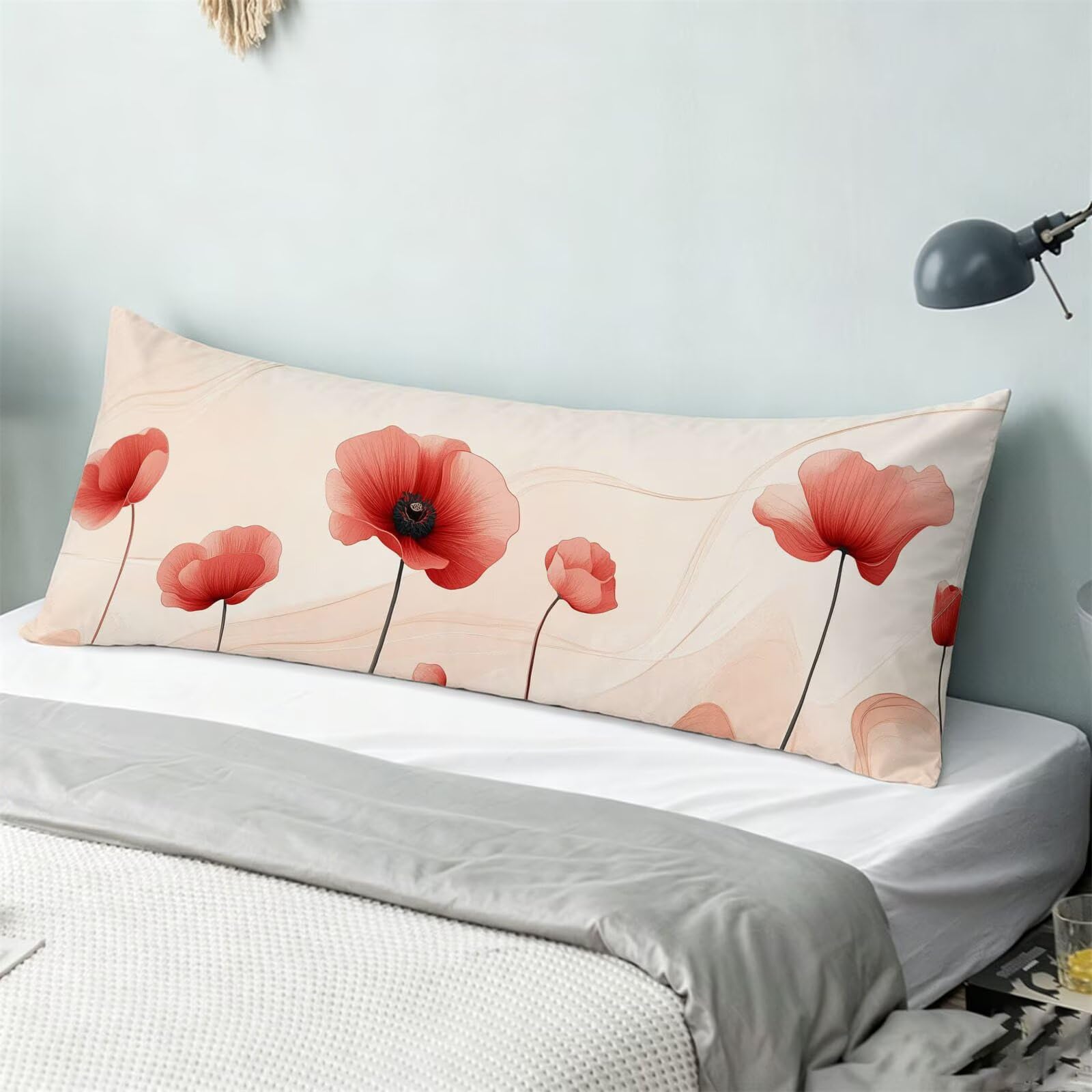 Funda de Almohada 60 x 180 cm Flor Protector Almohada 180 cm con Cremallera Invisible, Lino Durable y Transpirable Pillow Case Largas Rojo Impresión a Doble Cara para Cama, Sofá y Dormitorio dg-126