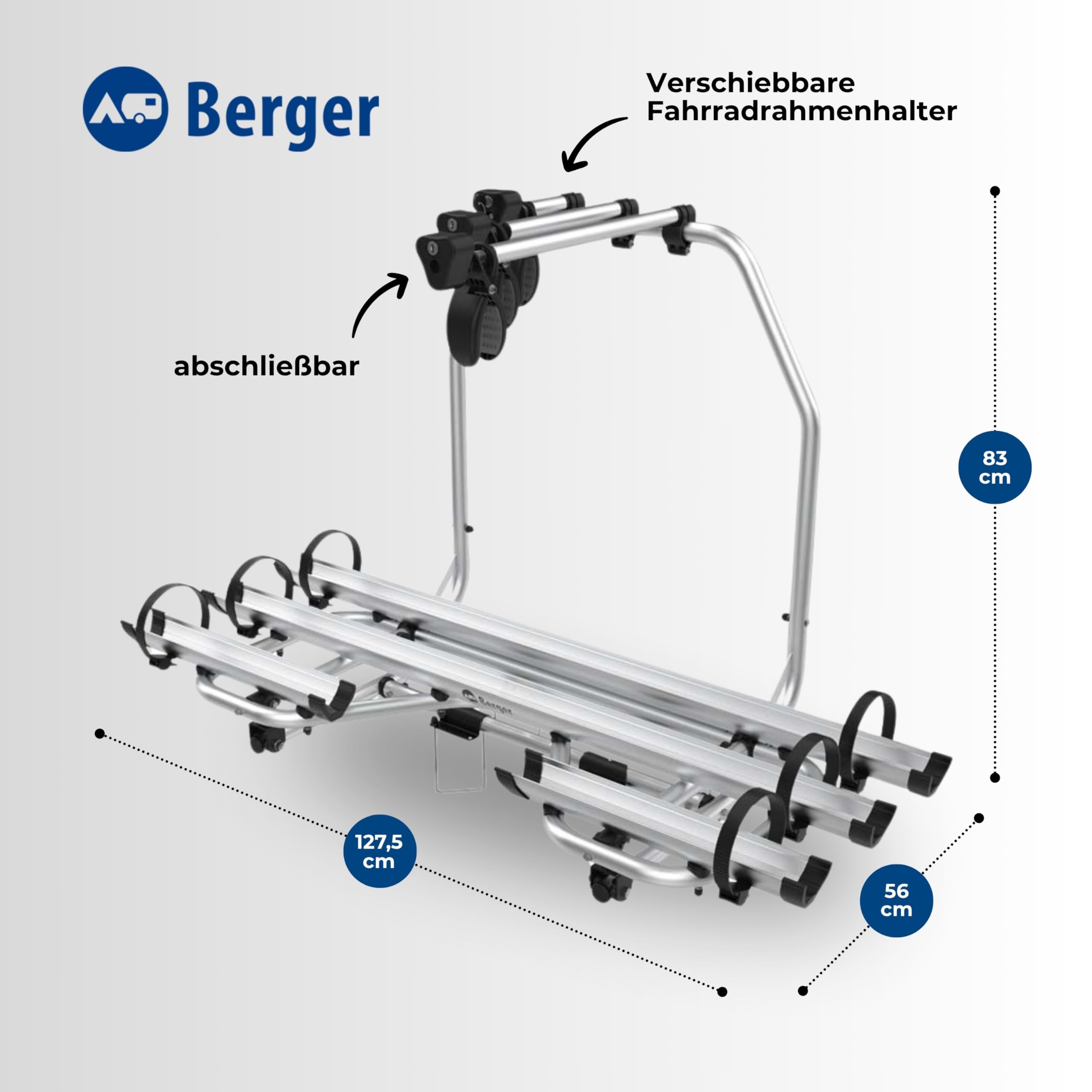 BERGER Fahrradträger Deichsel Wohnwagen | Premium 3XL Deichsel Fahrradträger für 3 Fahrräder bis 60kg Tragkraft | komplett abklappbar für einfachen Zugang zu Wohnwagenöffnungen | inkl. Rahmenhalter