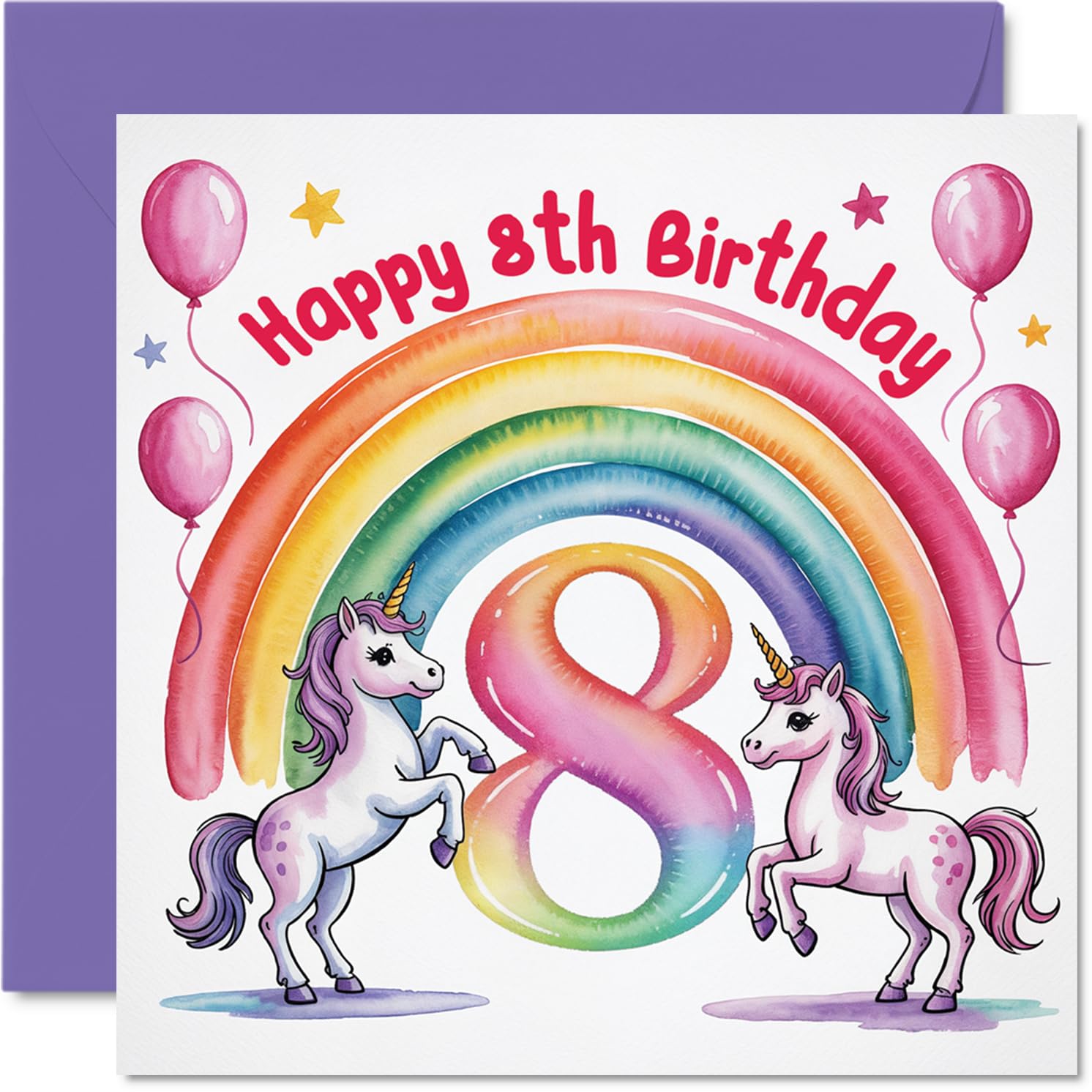 Playful 8th Birthday Card - Make Their Big Day Sparkle - Cheery Unicorns, Rainbow and Balloons in a Burst of Pink - 145mm Square, Envelope Included
