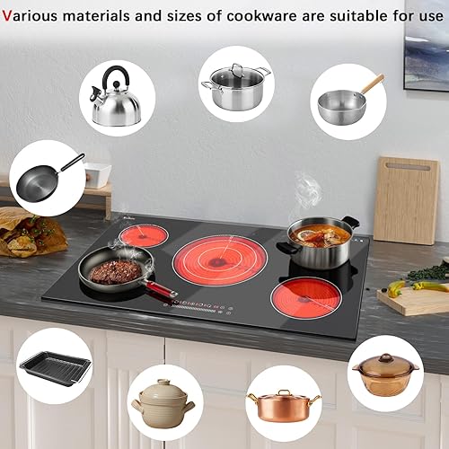 Miniatura 5 de Karinear Estufa eléctrica de 36 pulgadas, estufa eléctrica de 5 quemadores, placa de cerámica eléctrica radiante de vidrio integrada, zonas