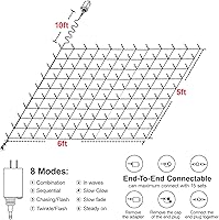 Vista 4 de Tira de luces de red de Navidad para exteriores, 120 luces LED de malla de 5 x 6 pies, 8 modos conectables, impermeables, luces de malla