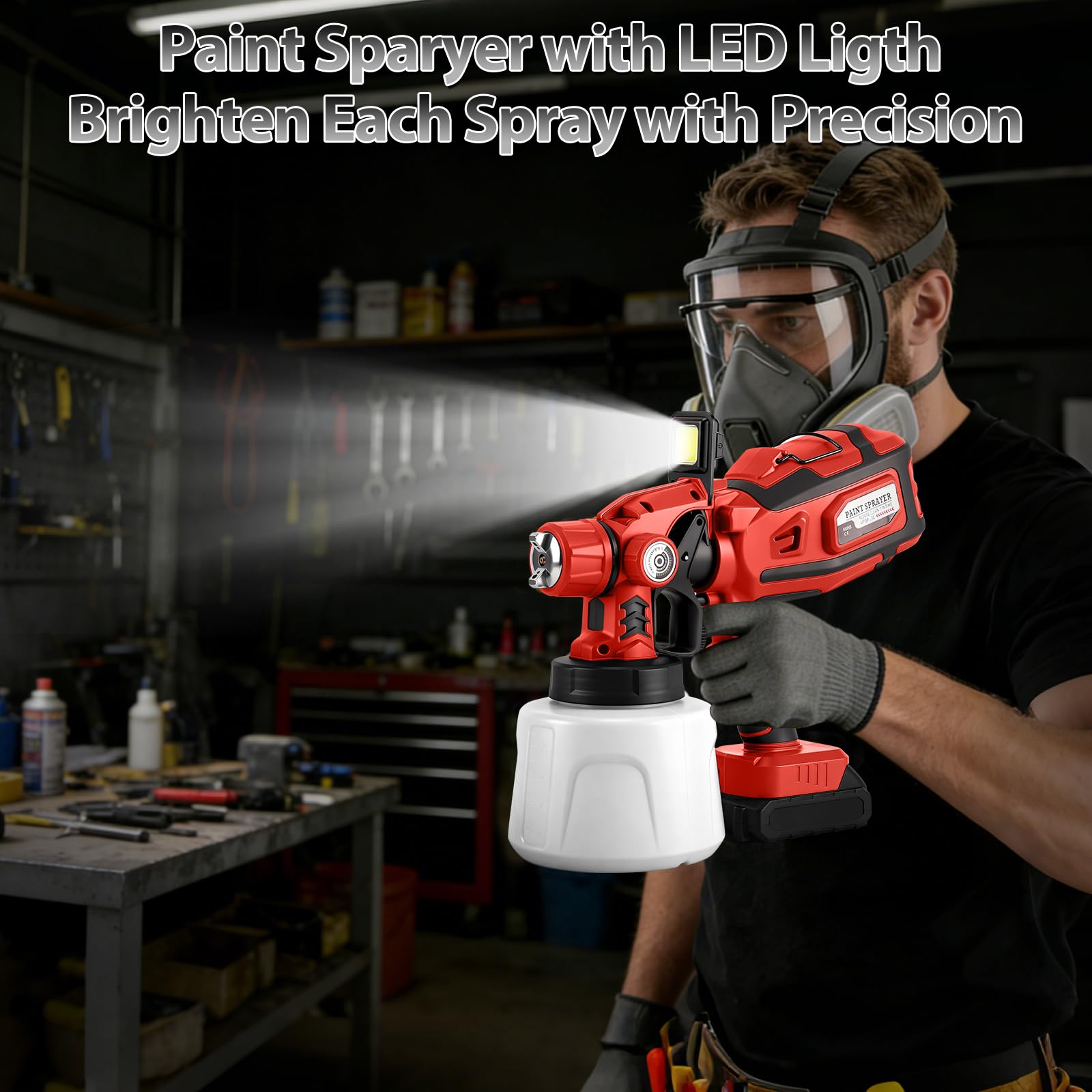 Pulverizador de Pintura a batería con LED para Milwaukee 18V (sin batería) | 200W, Sistema de Pintura Eléctrico, Depósito 1,4L, 3 Patrones, 5 Boquillas, Cepillo, Guantes, Gafas