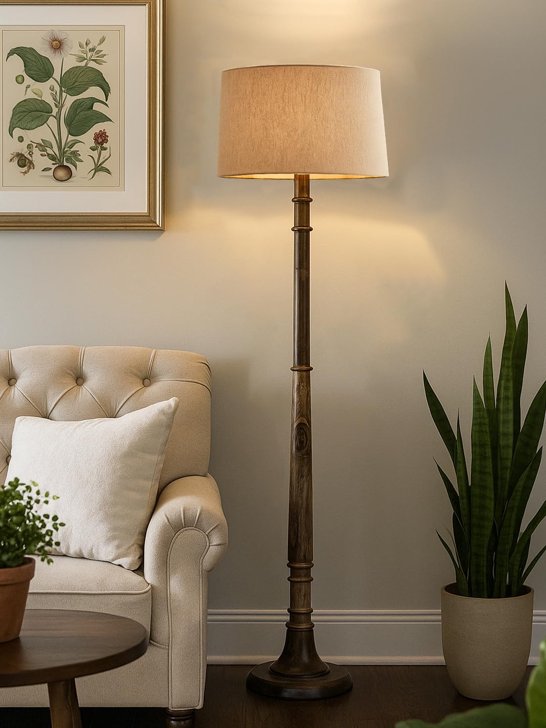 Decorcity Rustic Wood Floor Lamp in Walnut Brown. Off White Fabric Shade | Light Decoration, Home Corner, Living Room & Bedroom Bedside Floor Lamp, Antique Floor Light, Dome Basep (Tulib Beige)-image-18