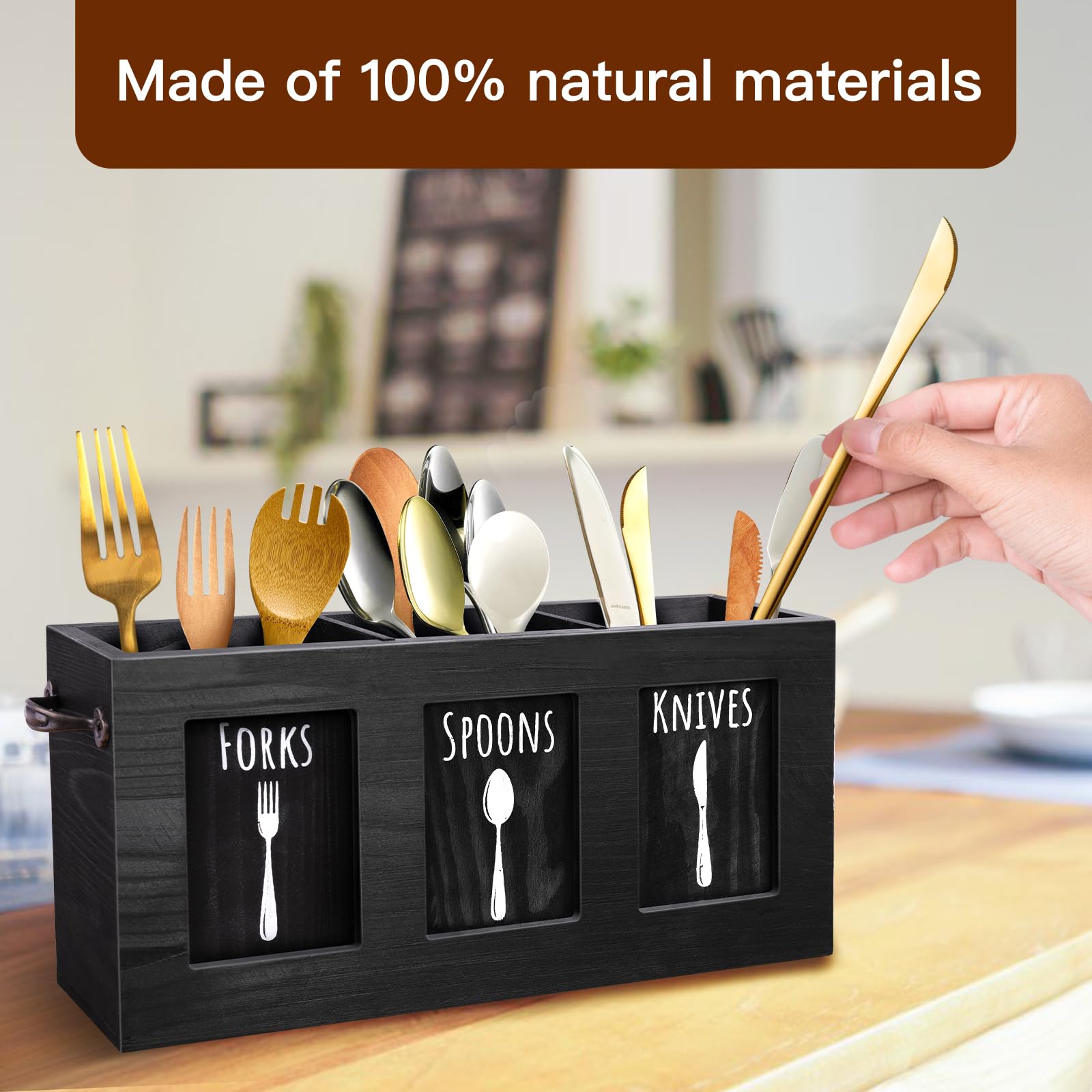 MINCORD - Organizer per posate in legno, stile rustico, per forchette, cucchiai, coltelli, posate da cucina country, nero