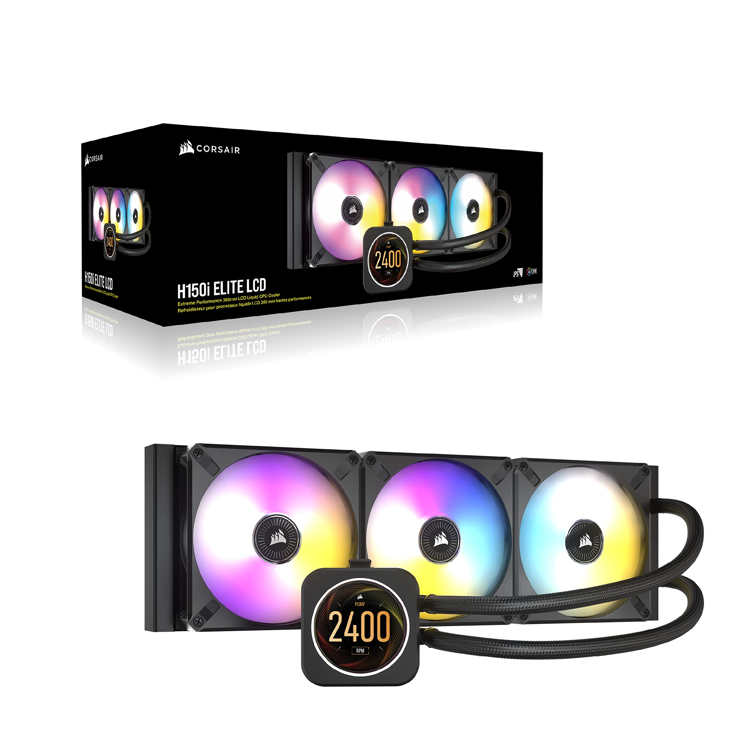 Corsair Sistema Di Raffreddamento A Liquido Per Cpu Corsair Icue H150I Elite Lcd, Schermo Lcd Ips Personalizzabile, 48 Led Rgb, Commander Core Incluso, Nero, Radiatore Di 360 mm, Ventole Da 120 mm