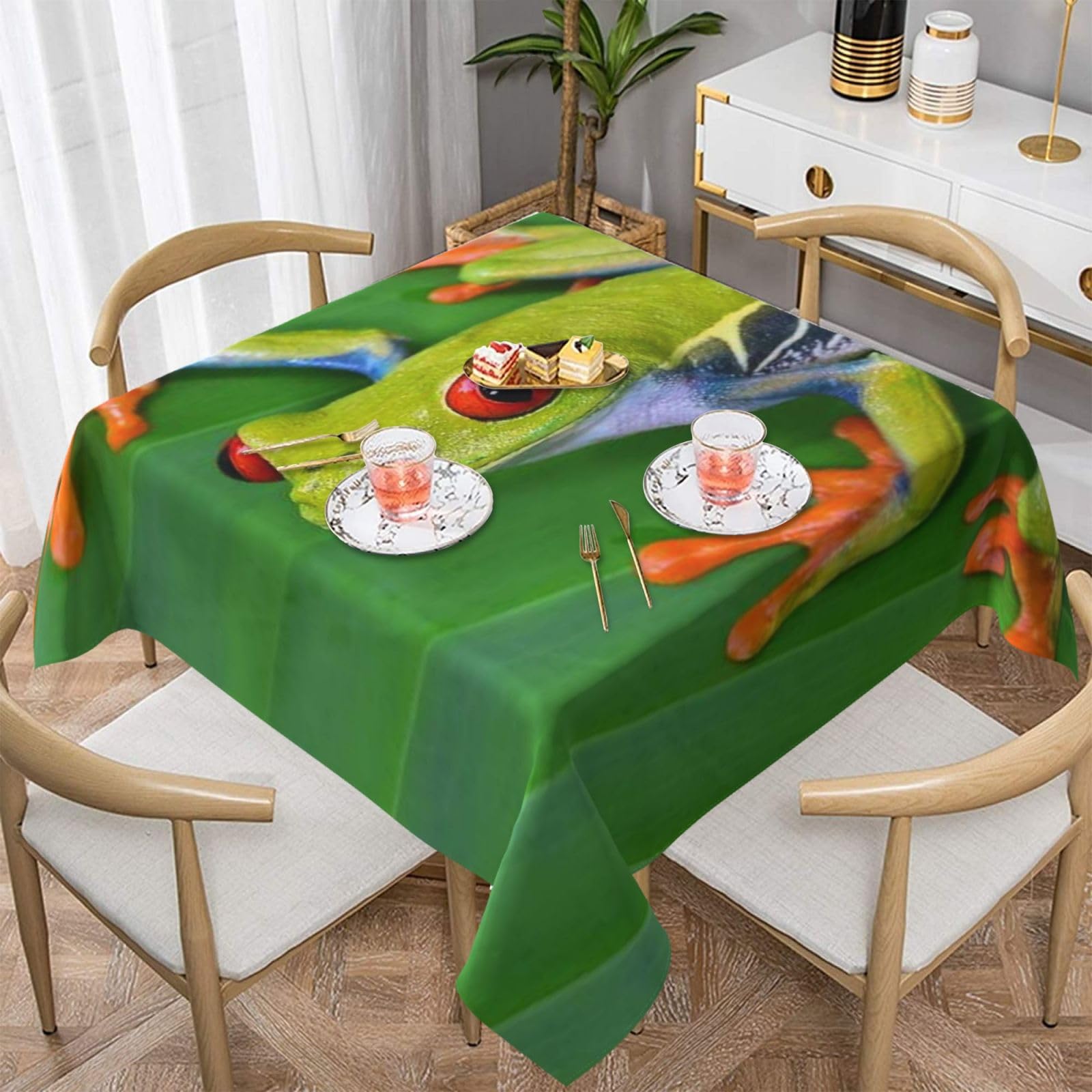 DCEHGEW Animal Frog Leaves Prints Square Tablecloth 152x152 CM, Waterproof Fabric Table Cloth for Dining Table, Farmhouse Table Cover for Kitchen Dining Tabletop Decoration
