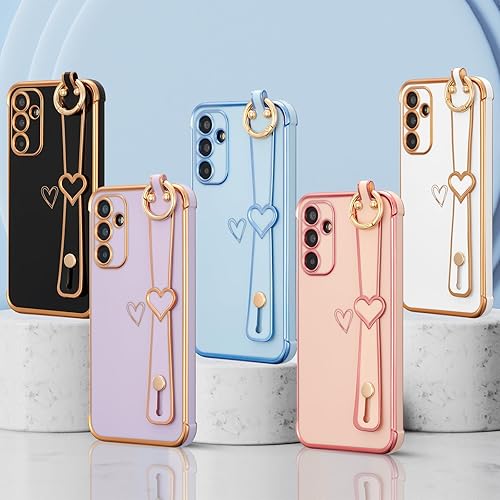 Vista 82 de ZTOFERA Funda para Samsung Galaxy S22 Plus 5G con correa para la muñeca, bonito borde chapado de lujo, patrón de corazones de amor para niñas y Azul