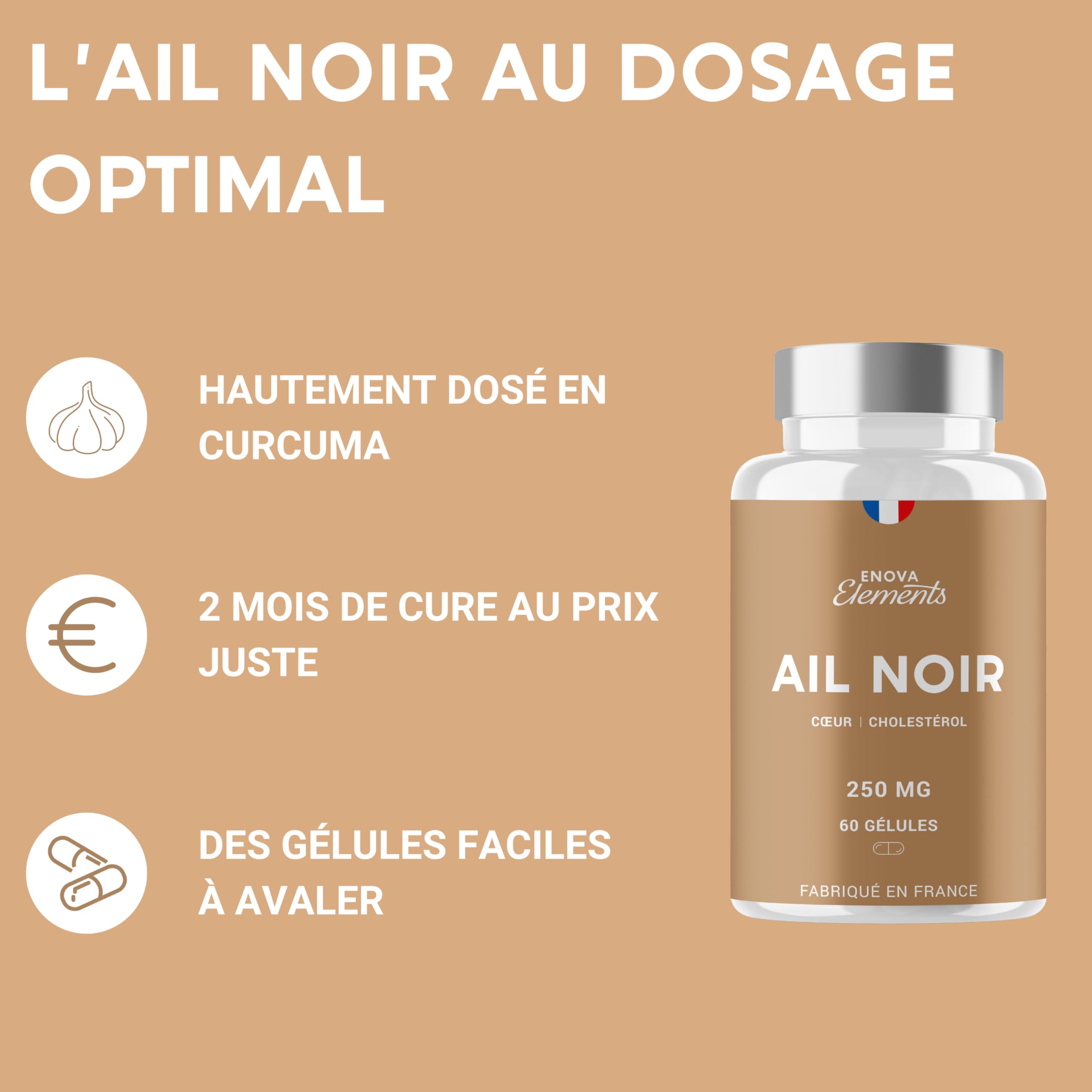 Ail Noir Fermenté 250mg – Complément Alimentaire – 60 Gélules Végétales – Circulation Sanguine, Cœur et Cholestérol – Cure 1 Mois – Fabriqué en France