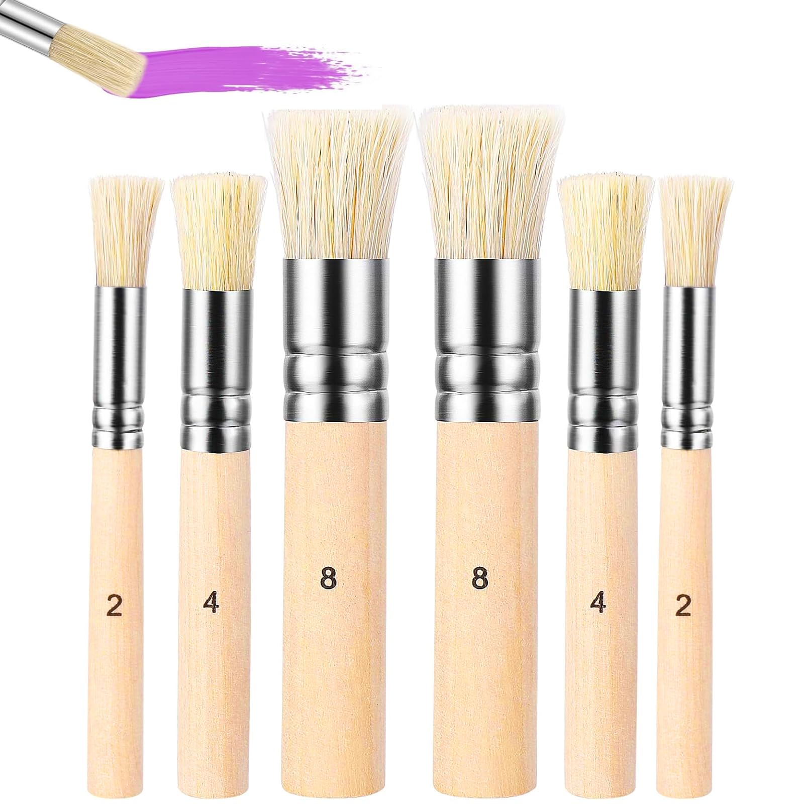 6 Pcs Stencil Brushe Set, Wooden Natural Bristle Paint Brushes, Stipple Brush, Art Painting Bristle Brushe, for Oil Watercolor Painting Card Making DIY Art Crafts Projects, 3 Sizes