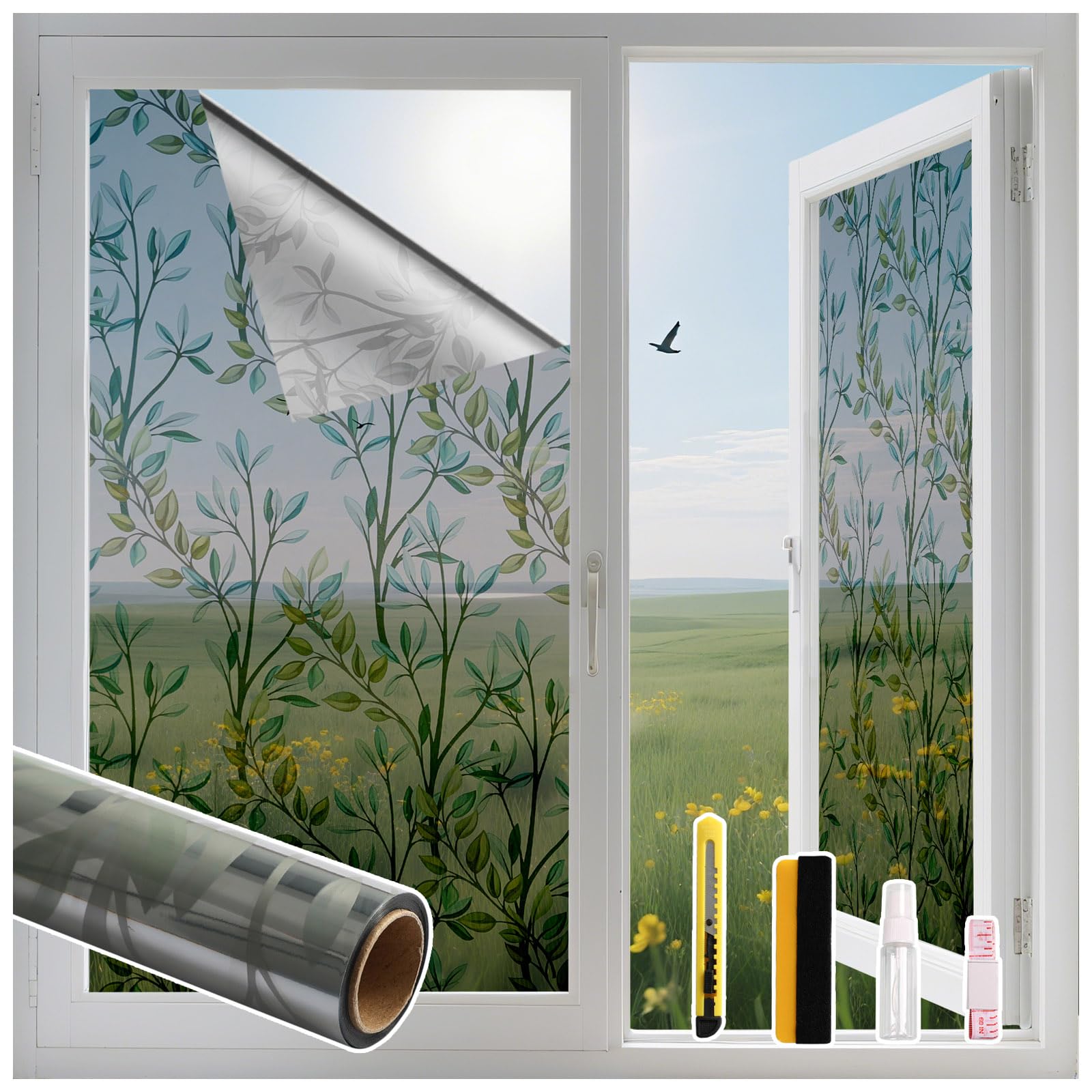 FINNEZ Fensterfolie Selbstklebend Statische Folie, Bunt Blickdichte Sichtschutzfolie, Anti UV Regenbogen Optik mit Klein Gräser Motiv, Dekofolie für Wohnzimmer Küche (Grünes Blatt Silber, 75 x 200 cm)