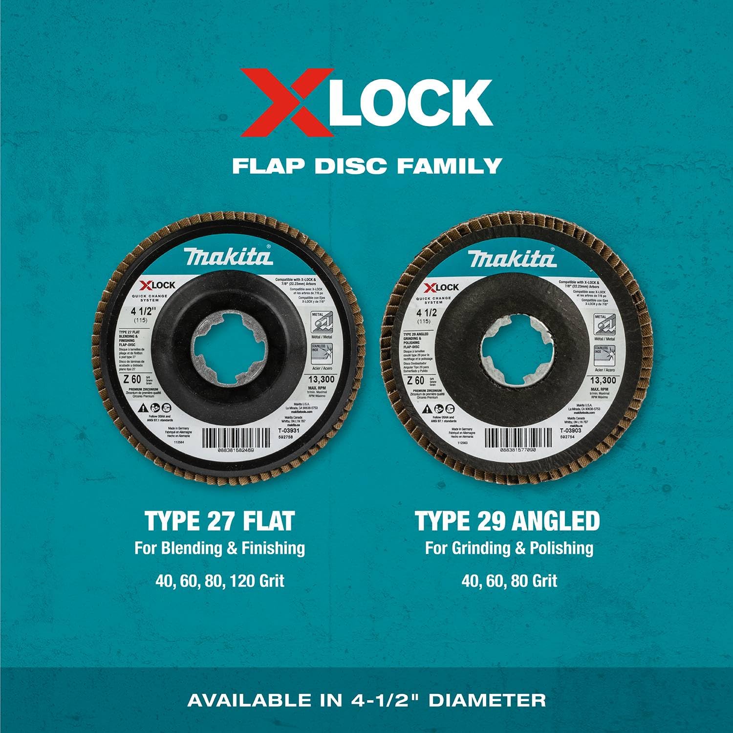 Makita T-03931 X-Lock 4-1/5.1 cm 60 Grit Type 27 płaska tarcza do mieszania i wykańczania do X-Lock i wszystkich szlifierek trzpieniowych 7/20.3 cm
