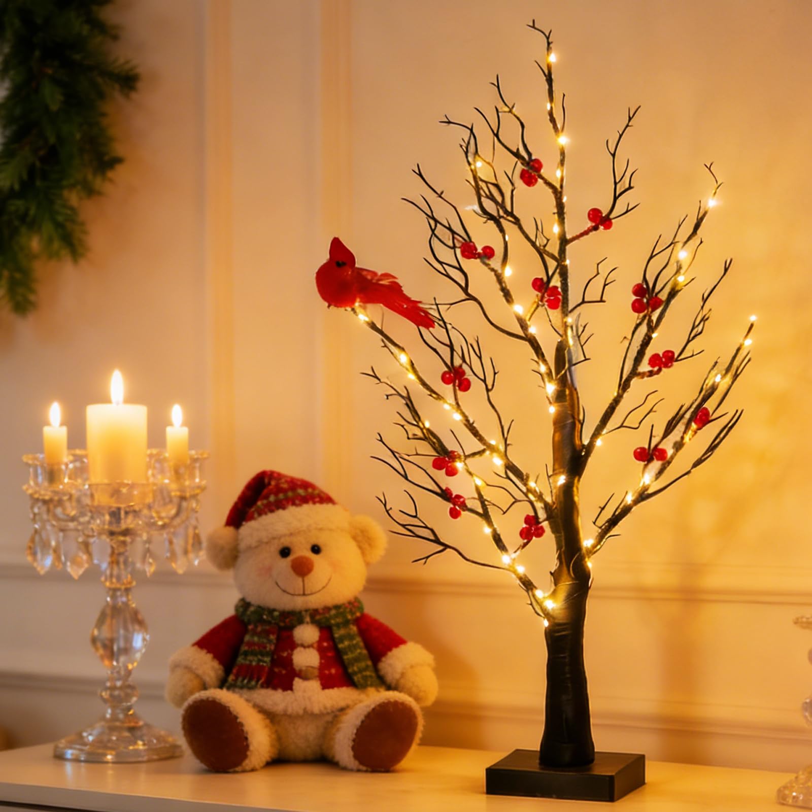 wpdash 55 LED Vintage Single Cardinal Tree Lamp Tree Shaped Lights Decorated with Birds and Red Berries for Candy Store Valentine's Day Birthday Party Decoration USB or Battery Powered Bonsai Light