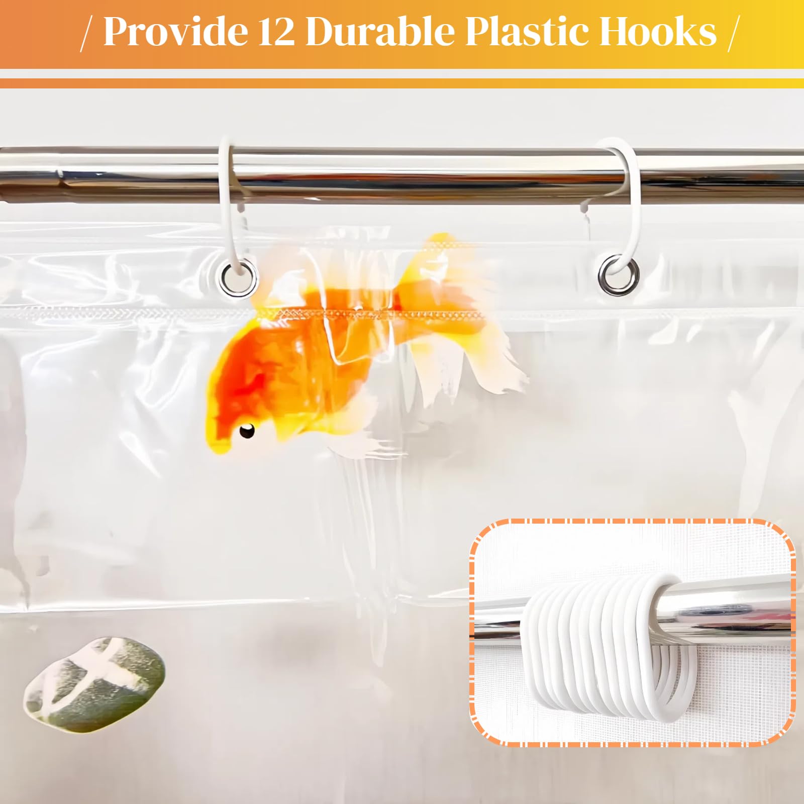 CAPQL Clear Goldfish Shower Curtain Liner with Design, Lightweight Plastic Transparent See Through Shower Curtain Fish with 12 Hooks for Bathroom, 72x78 Grommet Cute Animal Long Shower Curtains Liner : Home