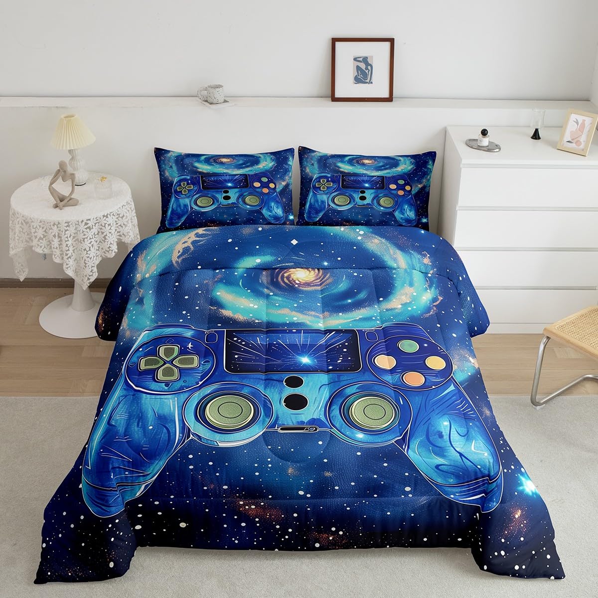 Edredón azul de juegos de galaxia para renovar el dormitorio de los niños