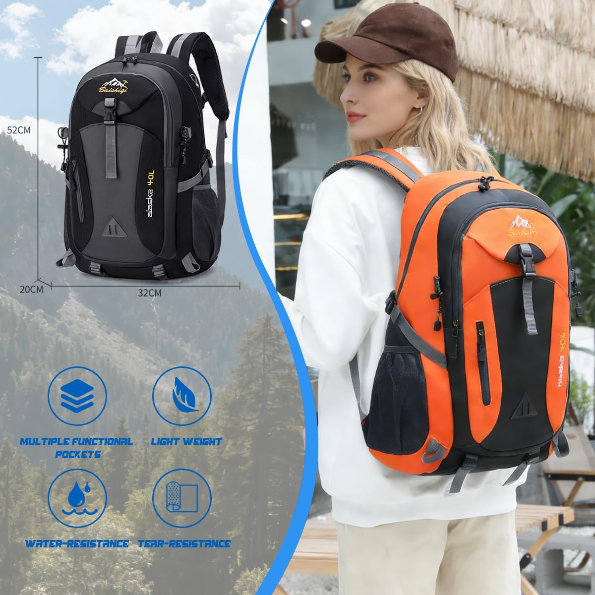 Zaino Trekking 40 Litri,Zaino Montagna Impermeable para Senderismo,Camping,Ciclismo,Escalada,Marcha,Alpinismo