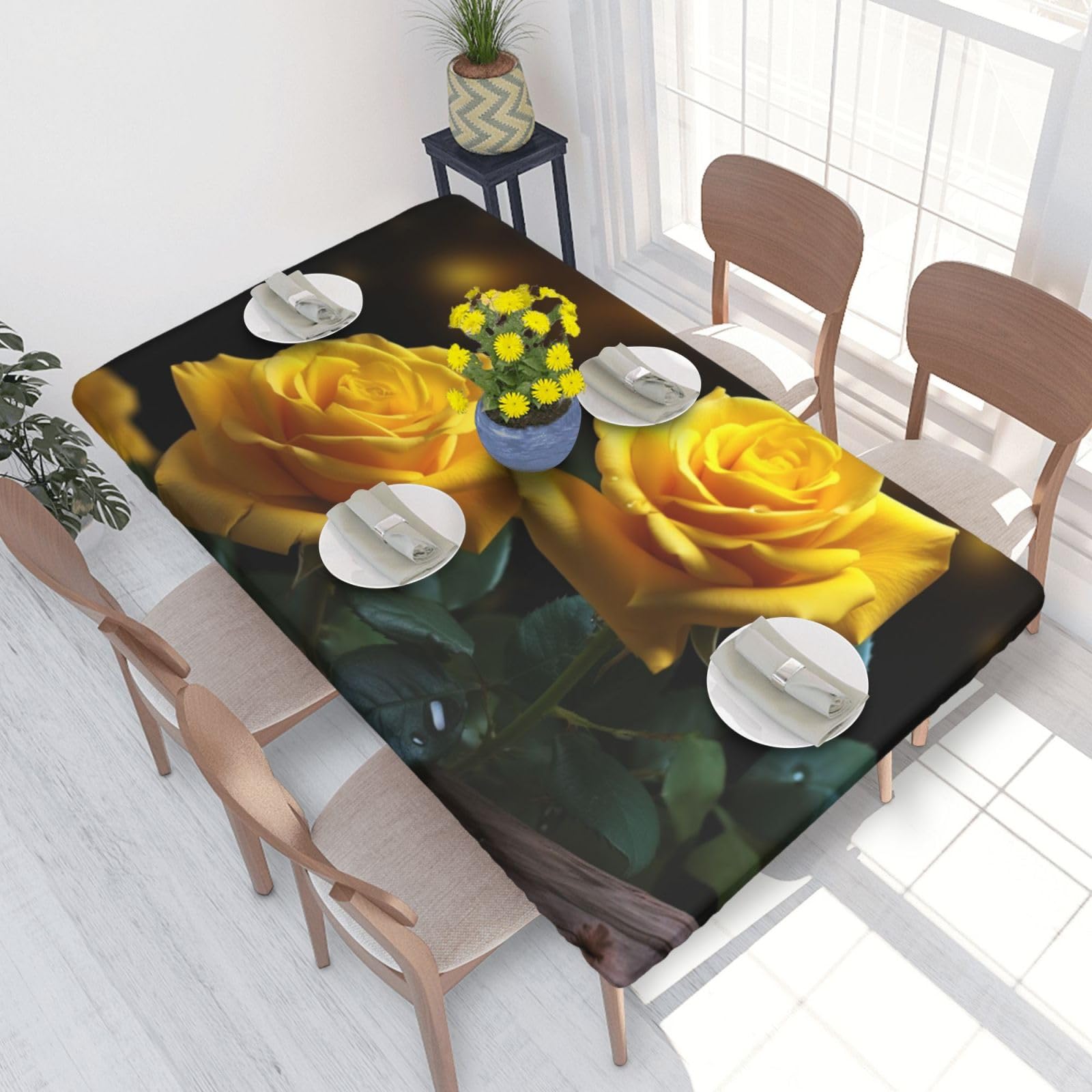Beautiful Yellow Roses Waterproof Square Table Cover Elastic Fitted Tablecloth Oil Proof Table Protector For 4ft Table