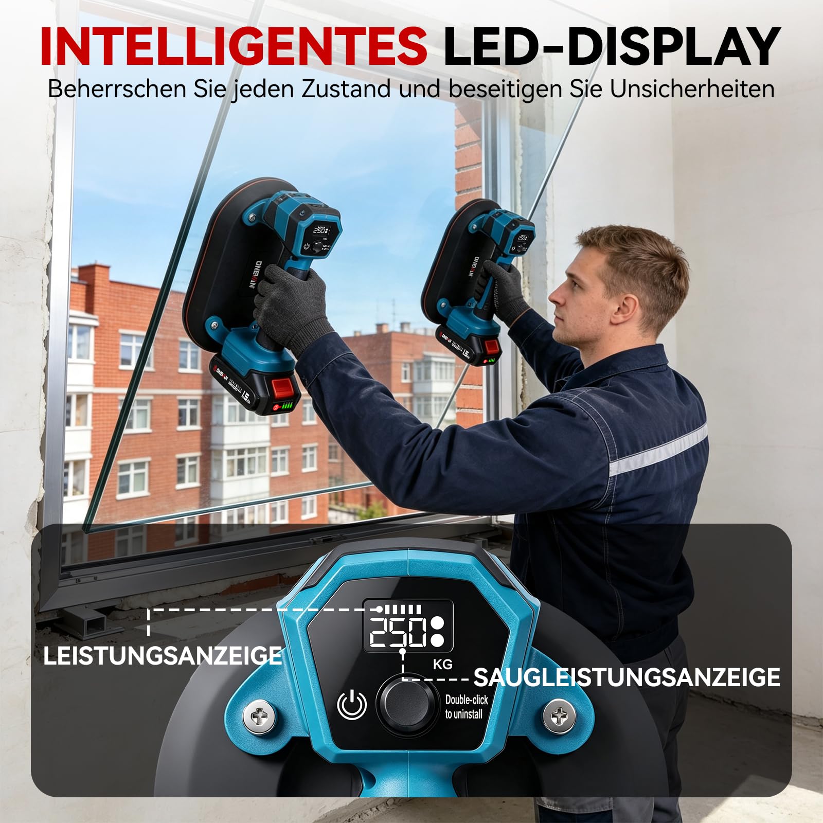 ONEVAN 2x ventosas eléctricas 21V, elevación de 250kg para azulejos, vidrio | Ventosa grande 16 x 24cm, reposición automática de presión, 2 baterías 21V 1500mAh, pantalla digital, compatible con Makita