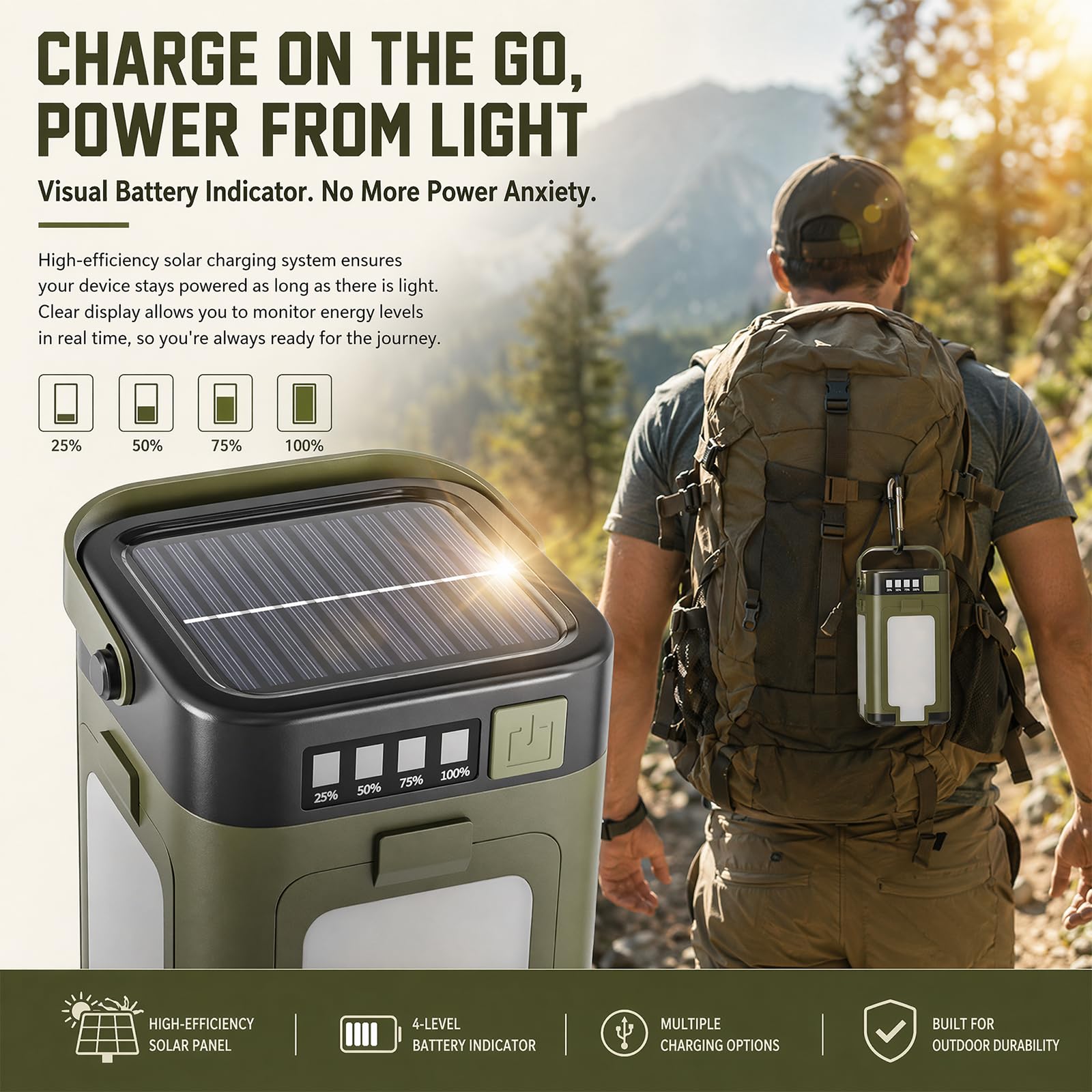 Lampada da campeggio solare e USB-C Carica, 4 luci mobili, 6 modalità, batteria da 2000 mAh, IPX4, impermeabile, pieghevole con gancio per campeggio, escursionismo, emergenze – La tua versatile luce