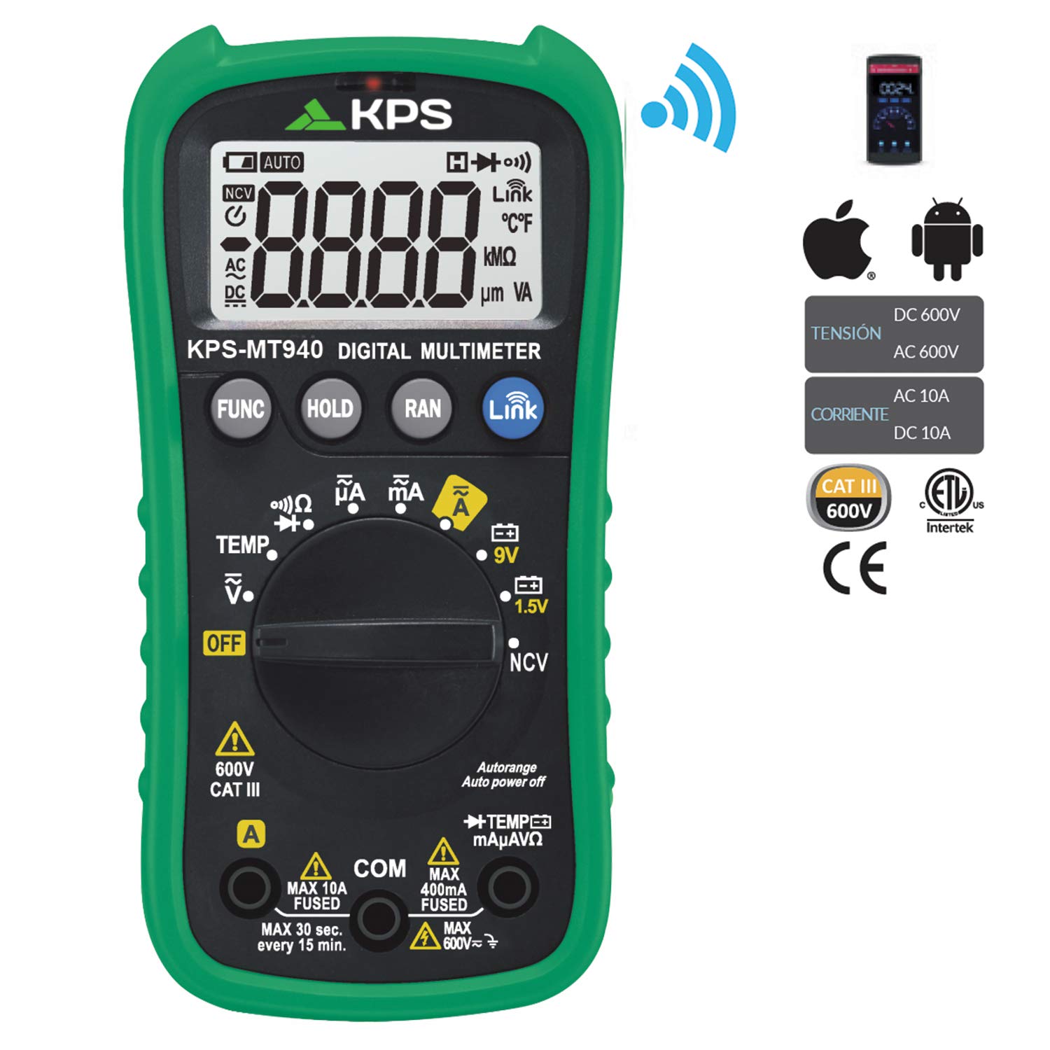 KPS-MT940 Multímetro Digital TRMS con Bluetooth y NCV Tensión AC/DC 600V Corriente AC/DC 10A Resistencia Temperatura CAT.III 600V