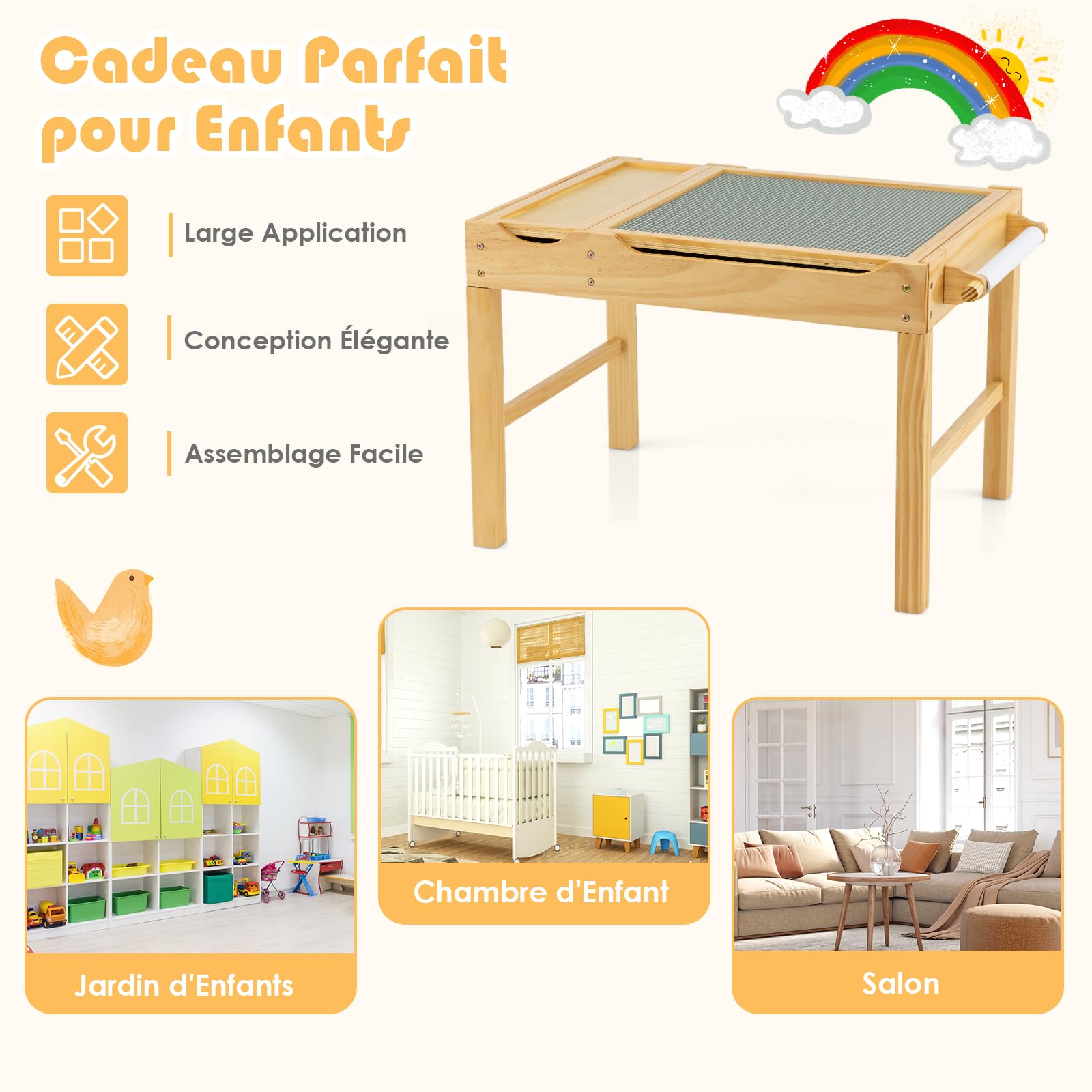 DREAMADE Table de Jeu Multi-Activités en Bois Enfants 80x60x57CM,Table de Construction Réversible Tout-Petits 3+Ans avec Plateau Double Face,Rouleau de Papier,3 Cubes,Papier Dessin (Naturel)