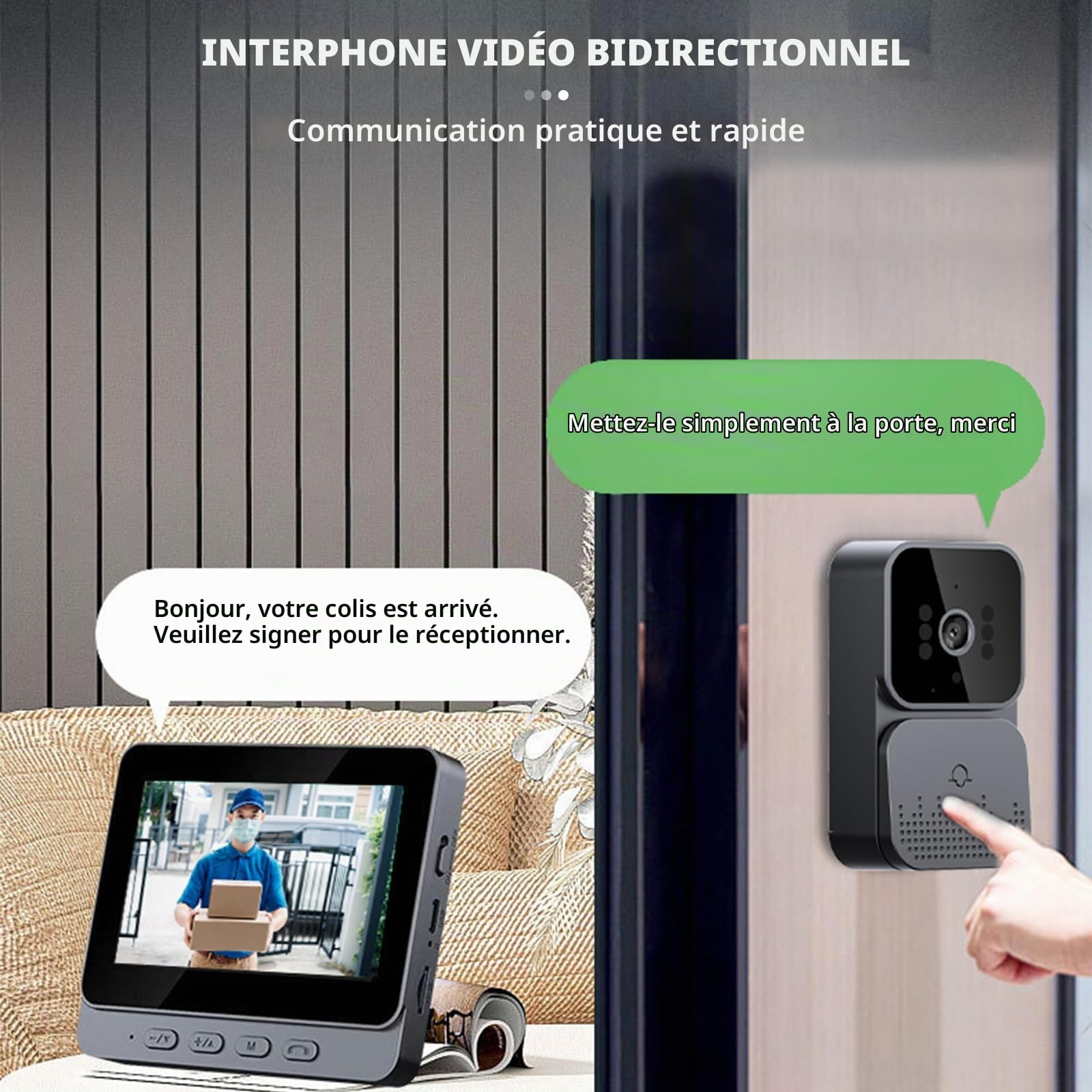 Sonnette sans Fil avec Caméra HD Visionavec écran lPS De 4.3 Pas de WiFi Requis, Visiophone sans Fil Interphone Video sans FilNocturne Infrarouge Sonnette (Noir)