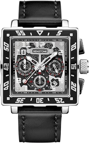 senstone Square Watch for Men with Leather Strap Multifunction Chronograph Dial 