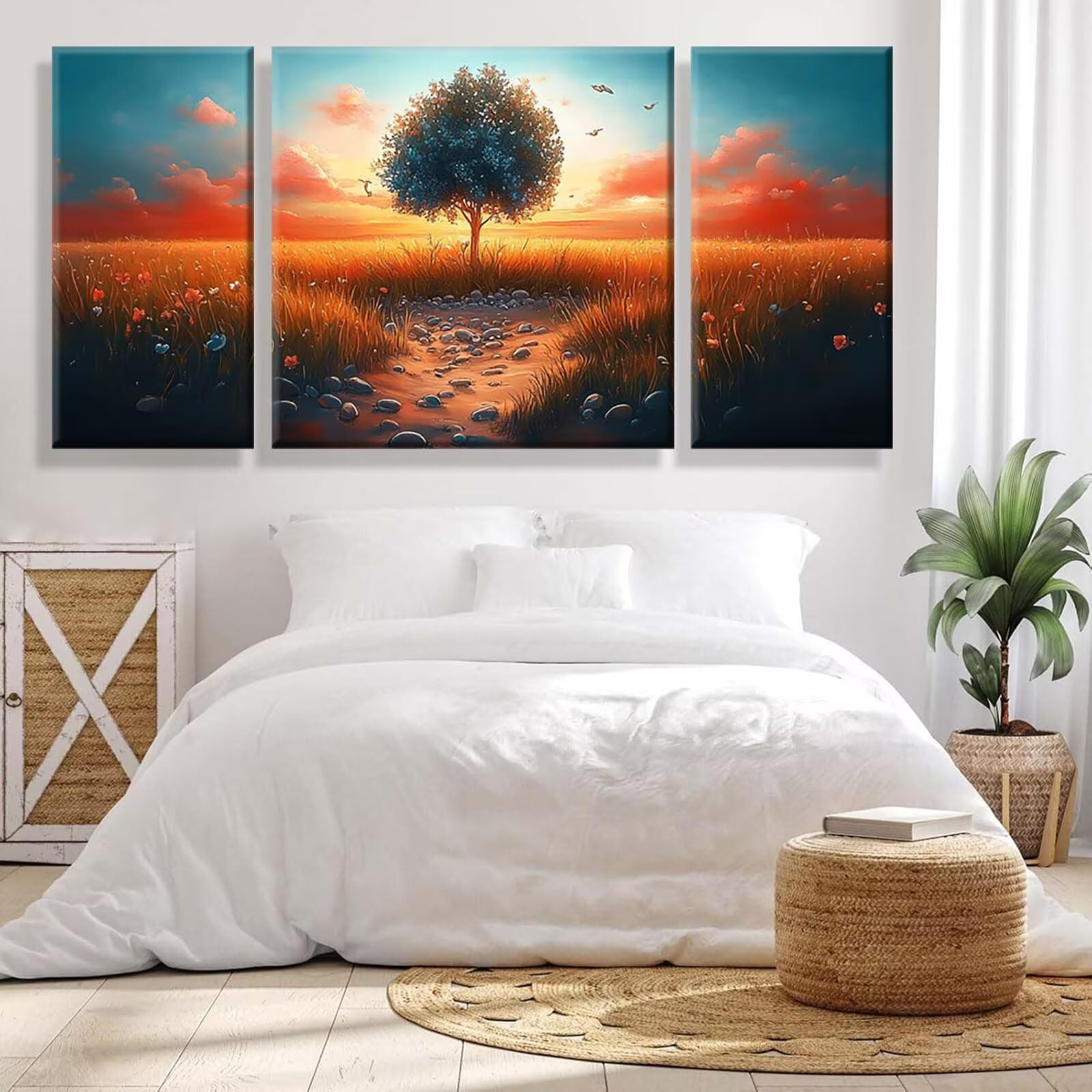 3 Pezzi Dipingere con i Numeri adulti, Paint by Numbers Albero Tramonto, Kit Lavoretti Creativi, Kit di Pittura Acrilica Fai-da-Te, con Pennello, Decorazioni Casa 70x140cm (Senza Cornice) y1s-917