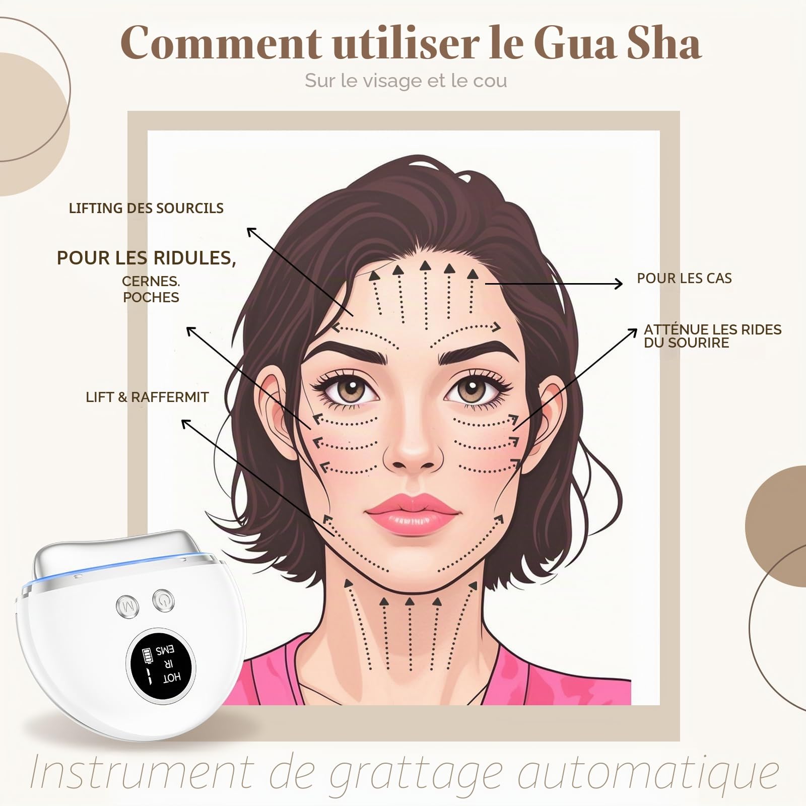 Appareil Gua Sha Électrique Visage, Massage Anti-Rides, 3 Modes EMS, Raffermissement Visage, Lifting, Double Menton, Appareil de Tonification Visage avec Lumière LED