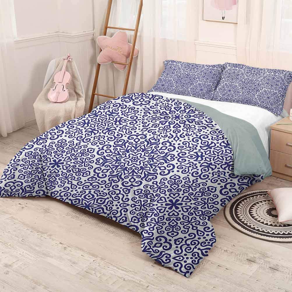 prunushome Navy Bedding Quilt Set Pattern Little Blooms with Hearts Russian Style Pattern Print Light-WeightRoyal Blue White 104x90in/20x35inx2