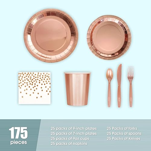 Miniatura 3 de Juego de vajilla desechable de bronce de 175 piezas para fiestas, platos de papel de bronce, servilletas, vasos, tenedores de plástico de bronce,