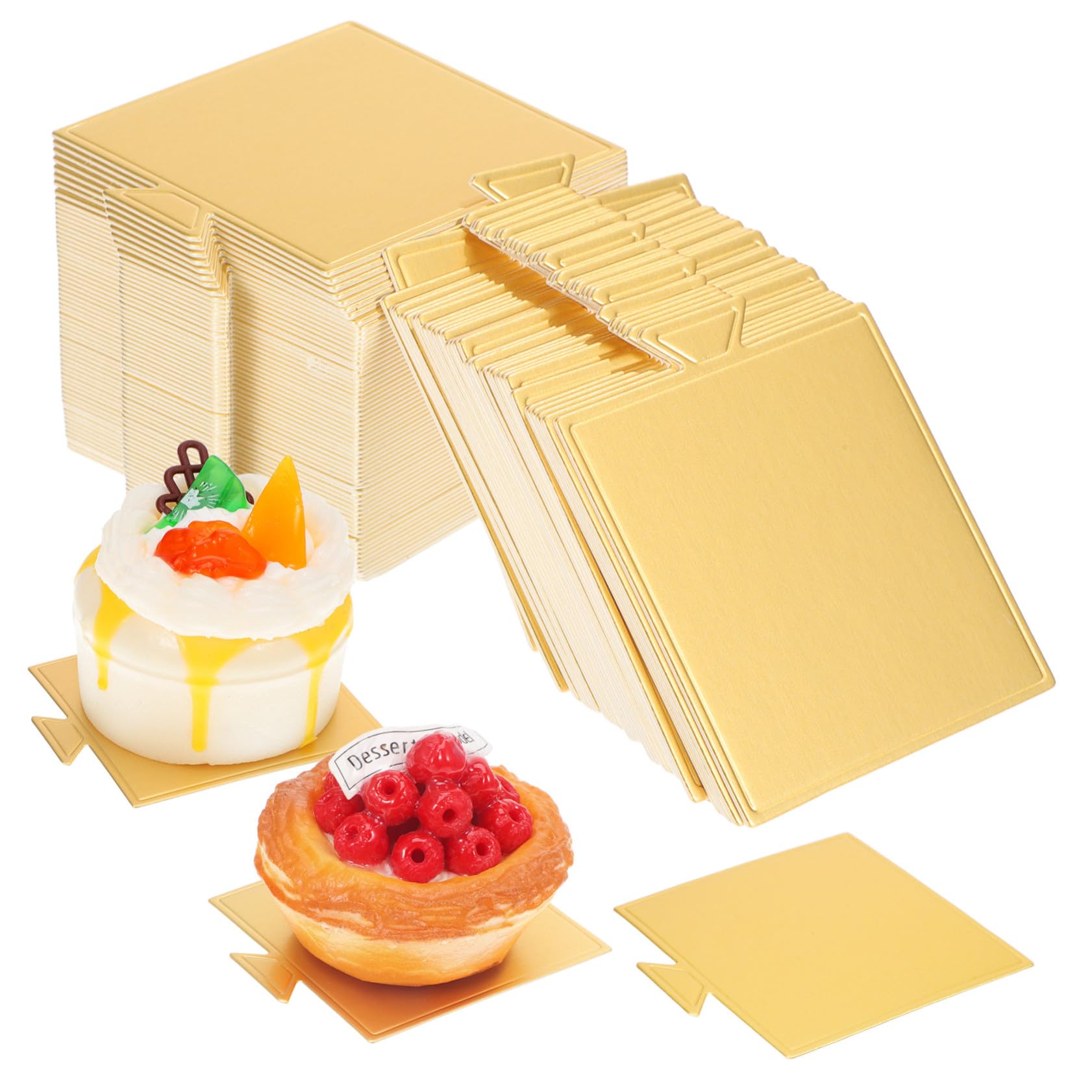 100 Blatt Mini Tortenunterlagen aus Stabilem Karton Quadratisch Goldfarben Cake Boards für Mousse Gebäck Dessertdisplay für Geburtstag Hochzeit Party