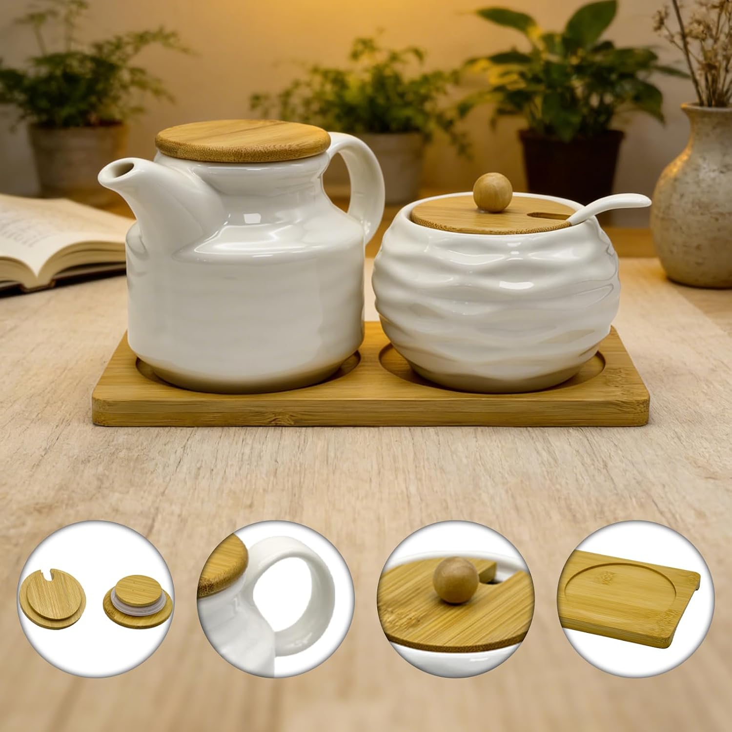 Ceramic Sugar and Creamer Set, Coffee Bar Accessories Cream Pitcher and Sugar Bowl with Lid, Spoon and Wooden Tray, White Creamer Pitcher for Afternoon Tea, Cream, Coffee Syrup and Condiments
