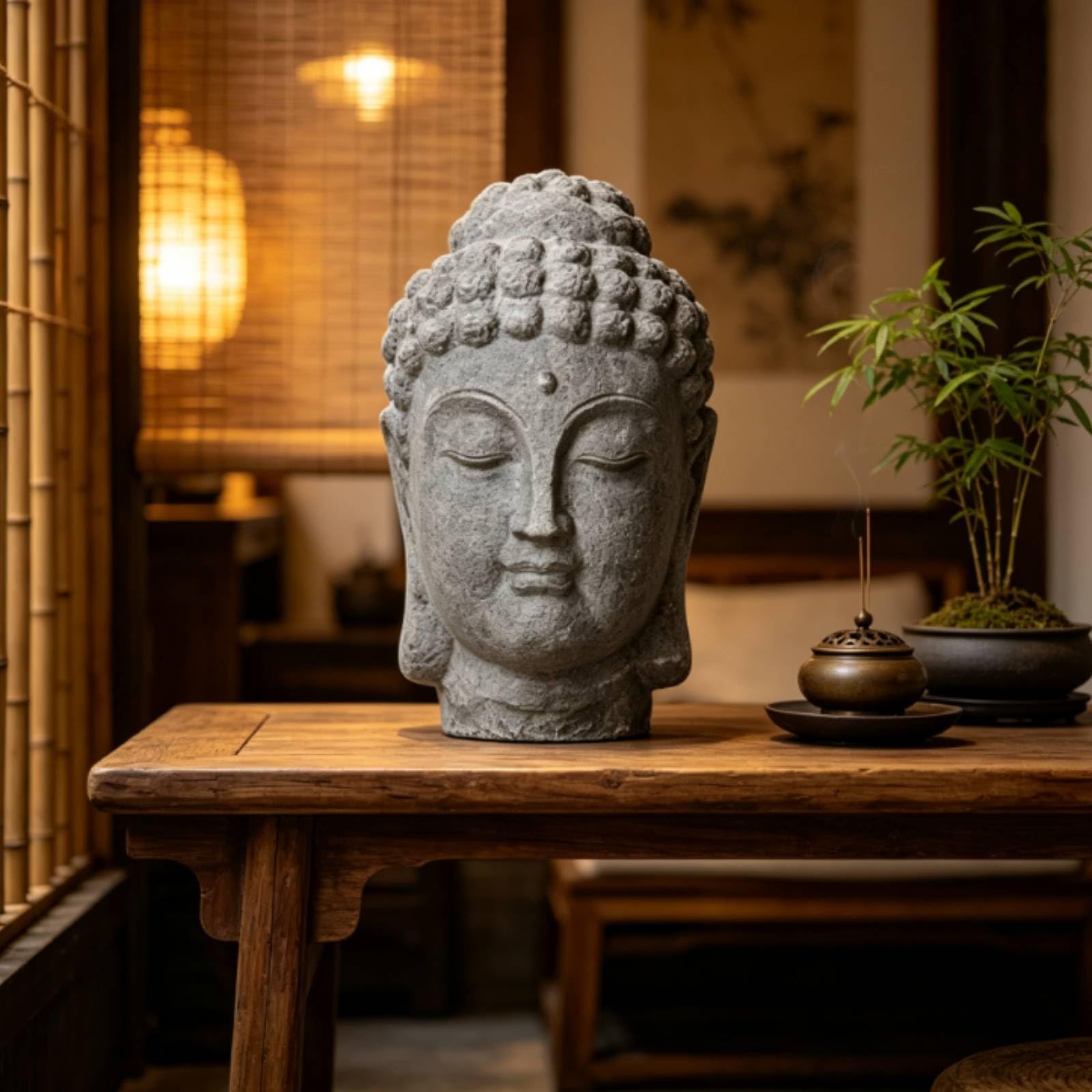 TISHITA Buda Cabeza Estatua Decorativa Escultura Ornamental Figura Tallada Ornamentación en Relieve con Textura de Piedra Base Rectangular Estilo Envejecido, Buda A